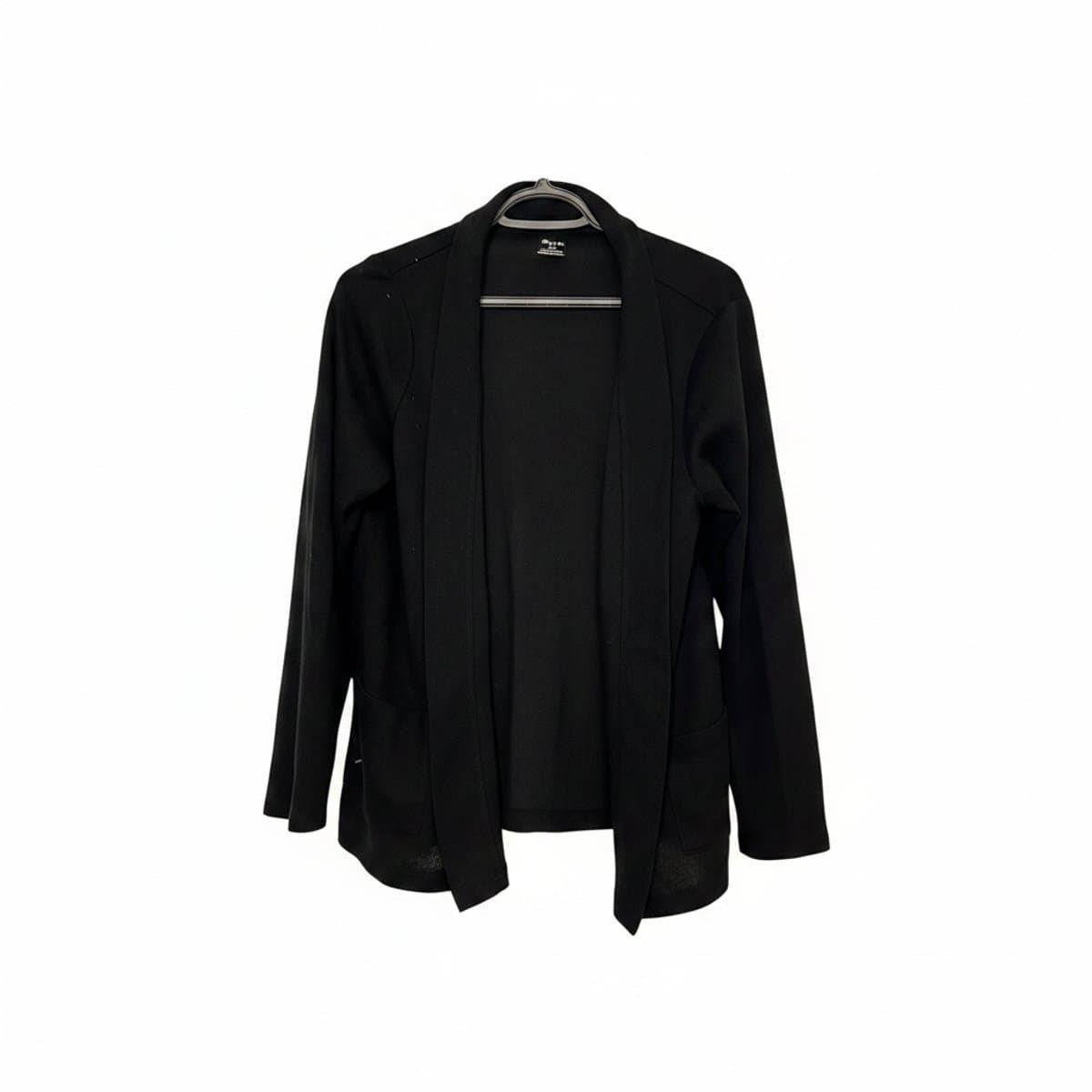 Women's ALX black open-front cardigan, lightweight ribbed knit material, long sleeve, minimalist style, available at handpicked306 boutique in Carlyle SK.