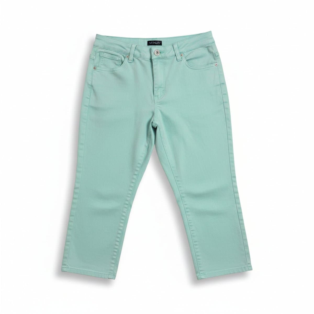 Venus mint green cropped pants, women's mid-rise colored denim, vibrant spring fashion, available at handpicked306 boutique in Carlyle SK.