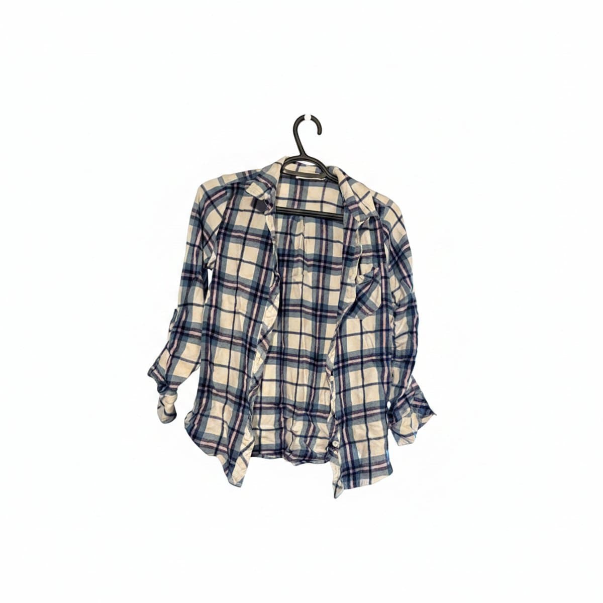 Unisex blue and white plaid button-down flannel shirt, classic casual style, excellent condition, available at handpicked306 boutique in Carlyle SK.