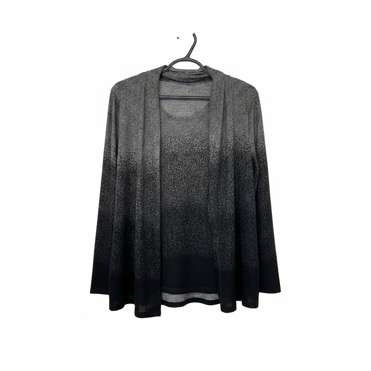 Women's open-front ombre cardigan with a light grey to charcoal black gradient, knit fabric, available at handpicked306 boutique in Carlyle SK.