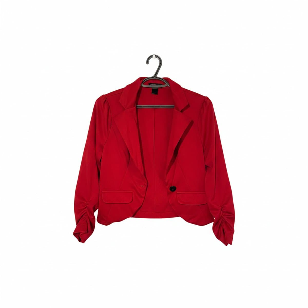 Womens Grace brand vibrant red blazer with elegant ruched sleeves and single button closure, high-quality thrift fashion available at handpicked306 boutique in Carlyle SK.