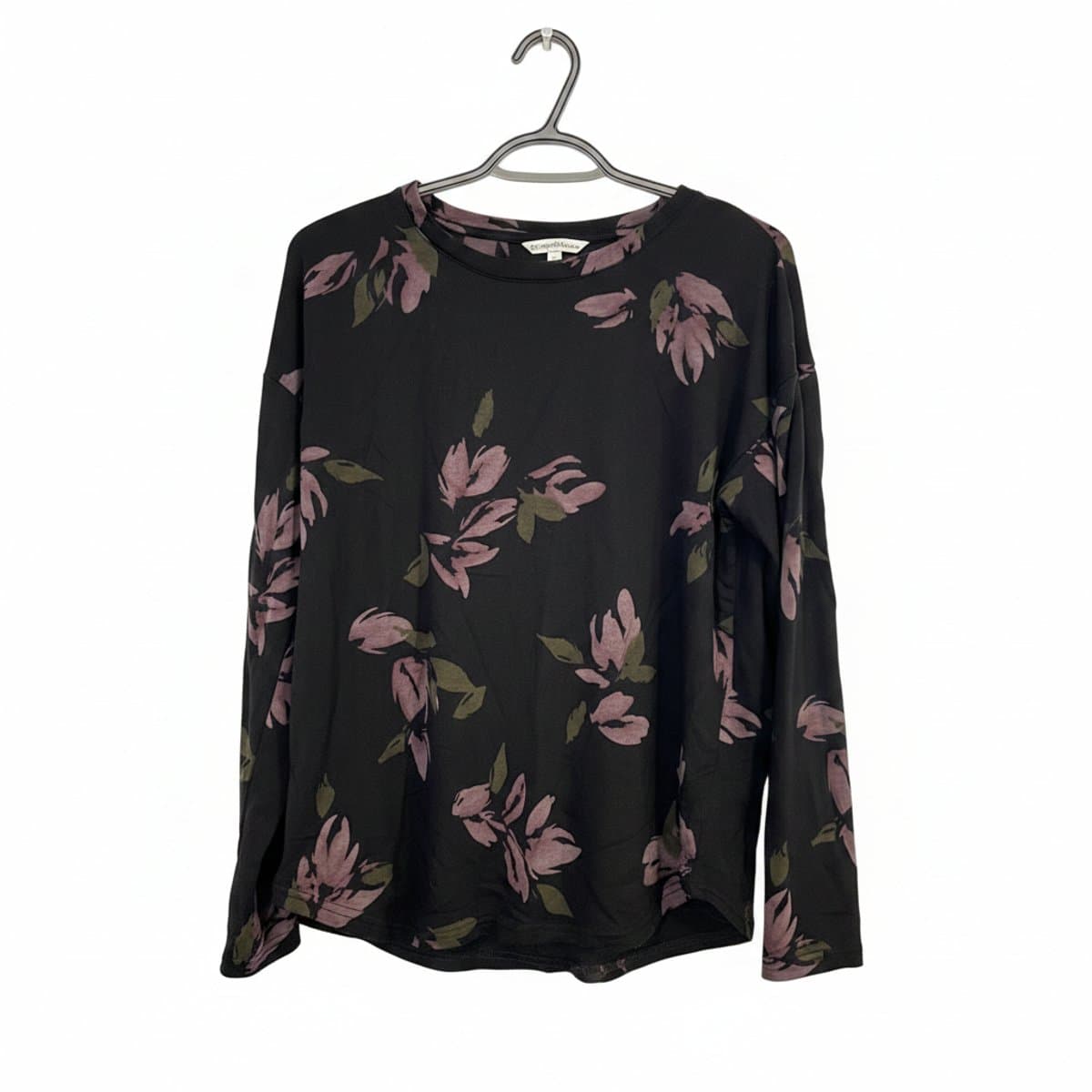 Catherine Malandrino women's floral long sleeve top in black with muted pink and olive botanical print, available at handpicked306 boutique in Carlyle SK.