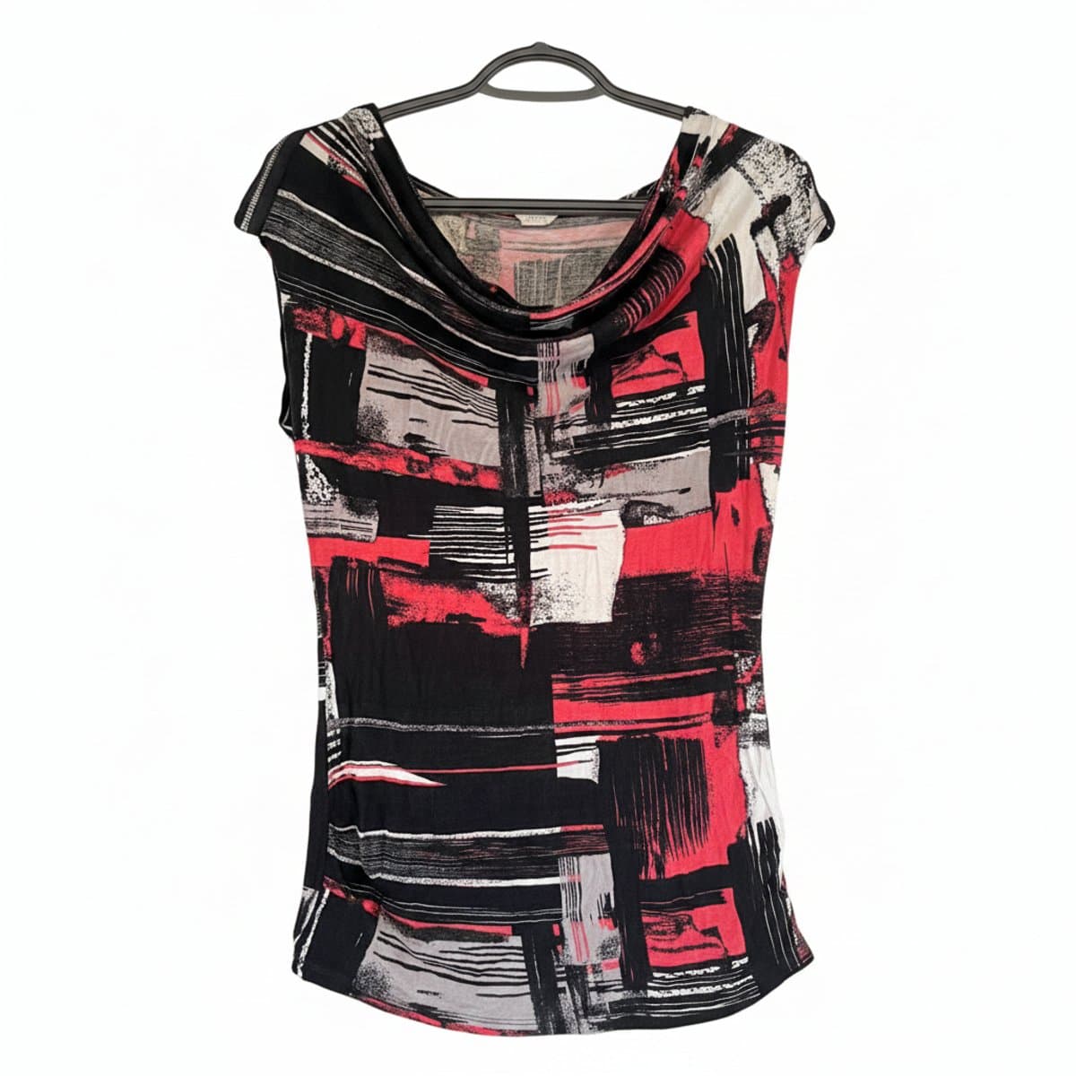 Womens black, red, and white abstract print cowl neck top with side zipper detail, stylish artistic patterned blouse, available at handpicked306 boutique in Carlyle SK.