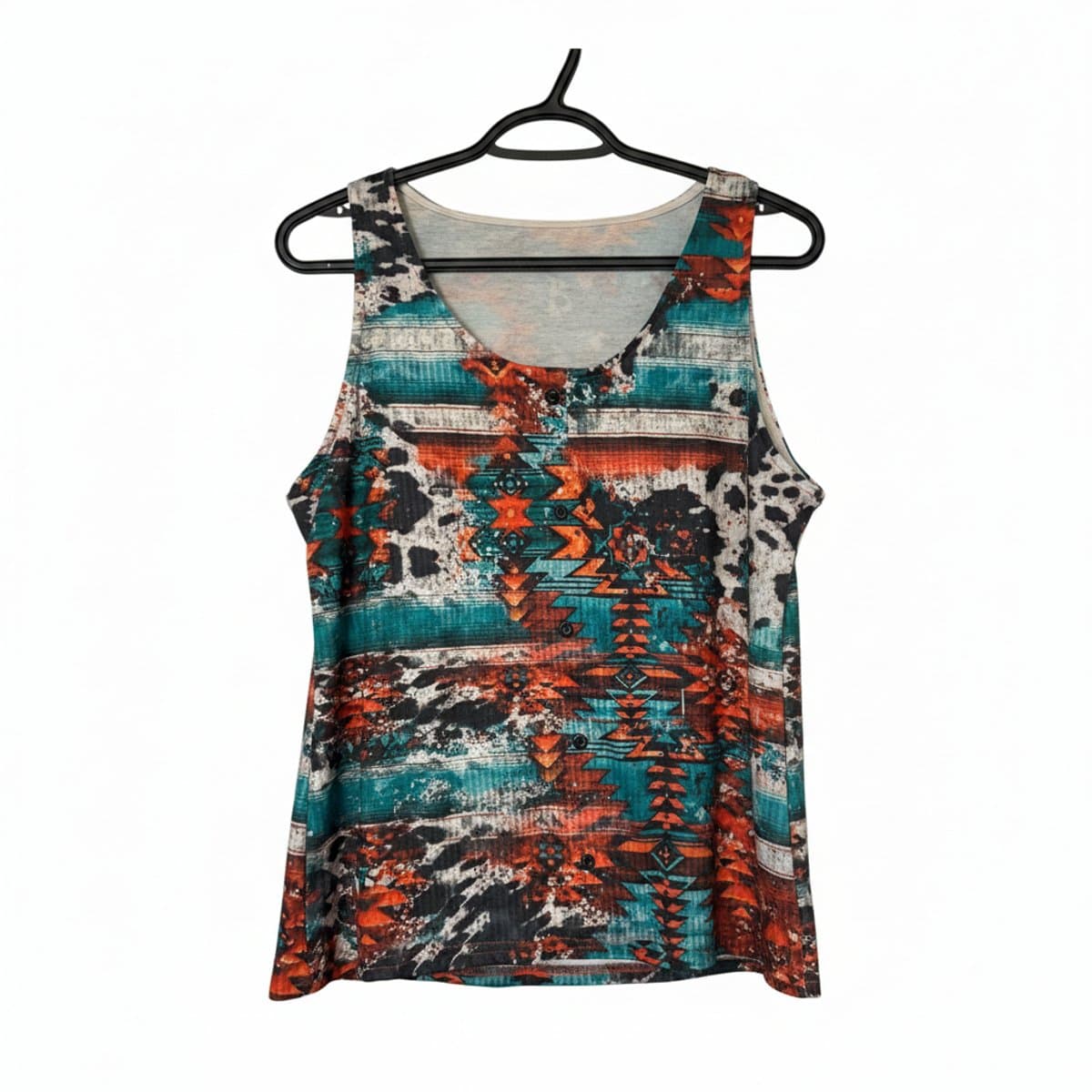 Womens vibrant Aztec print tank top with button front detail, turquoise and rust color palette, available at handpicked306 boutique in Carlyle SK.