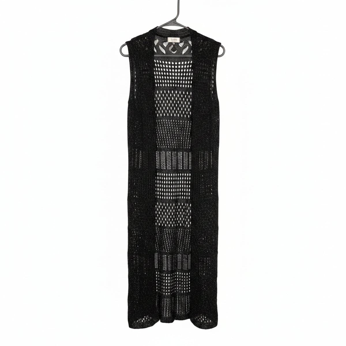 Women's Floris Made in Italy black open-front crochet duster cardigan, intricate knit texture, lightweight sleeveless style, available at handpicked306 boutique.