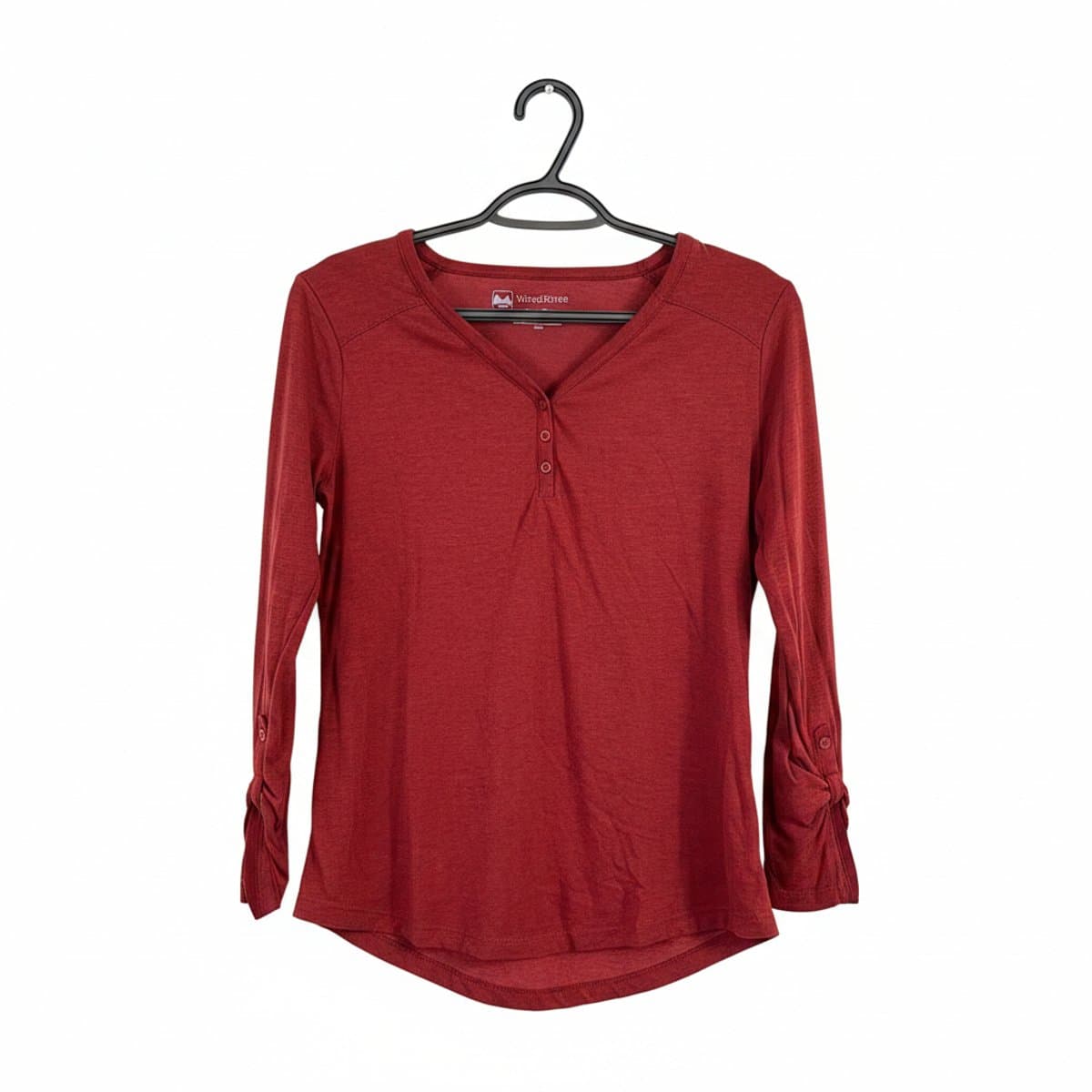 Womens WindRiver red long sleeve henley shirt, V-neck with button placket, available at handpicked306 boutique in Carlyle SK.