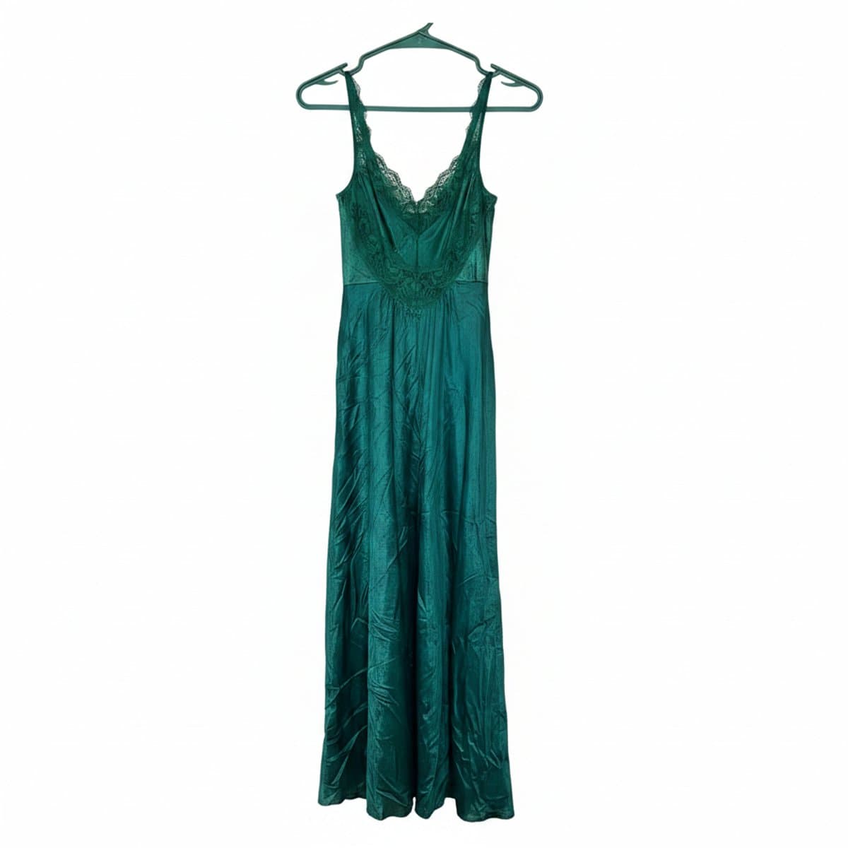 Vintage emerald green satin maxi slip dress with intricate lace bodice detailing, elegant floor-length silhouette, available at handpicked306 boutique.