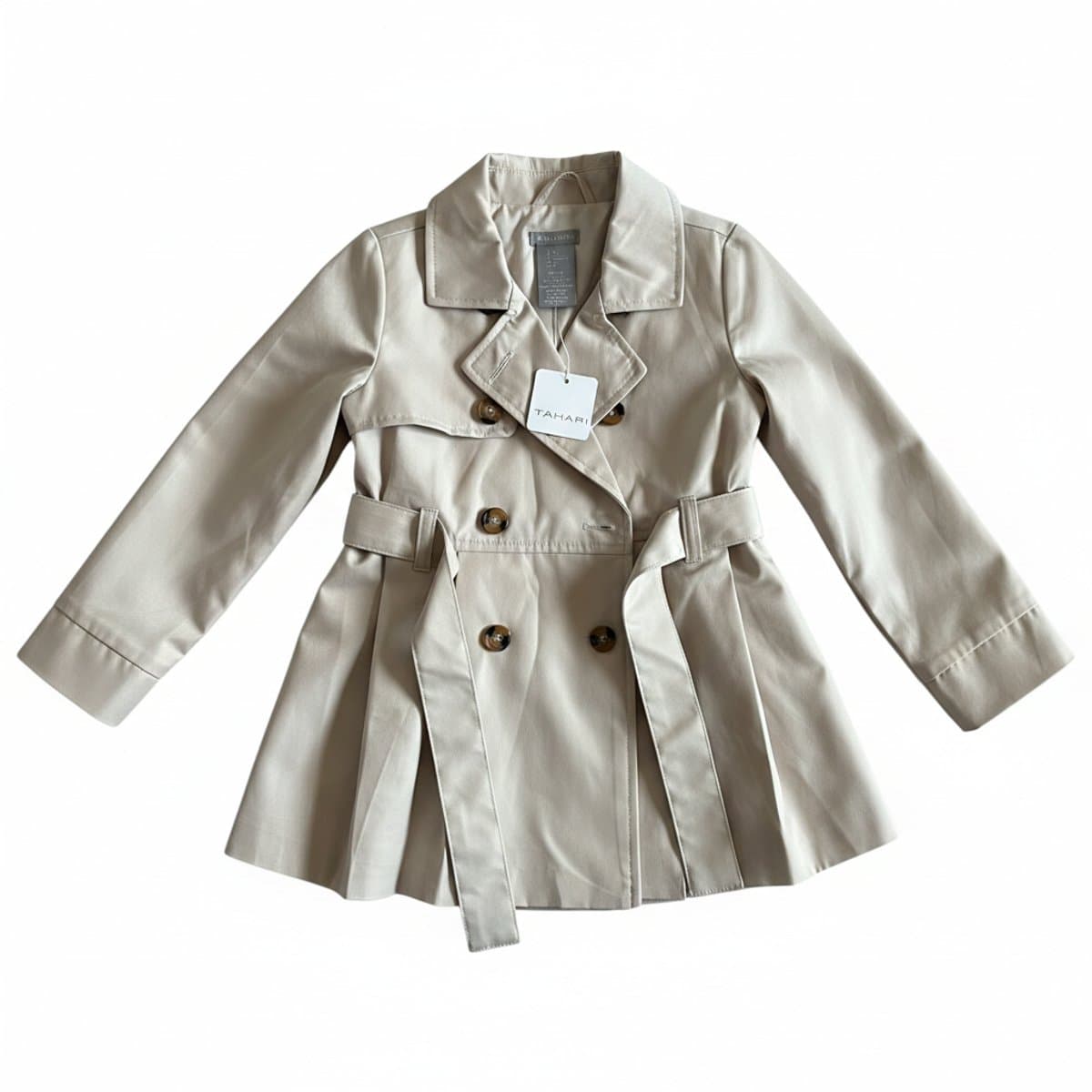 New with tags Tahari beige belted double-breasted trench jacket, women's size small, classic flared silhouette, available at handpicked306 boutique.