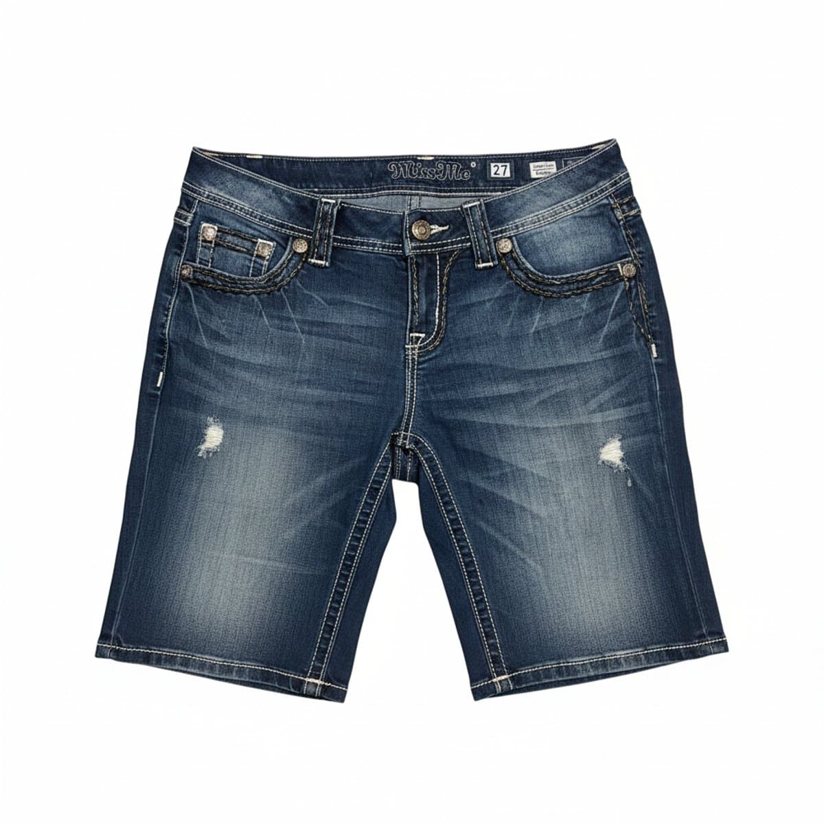 Women's Miss Me denim Bermuda shorts, mid-wash with distressed detailing and contrast stitching, size 27, available at handpicked306 boutique in Carlyle SK.