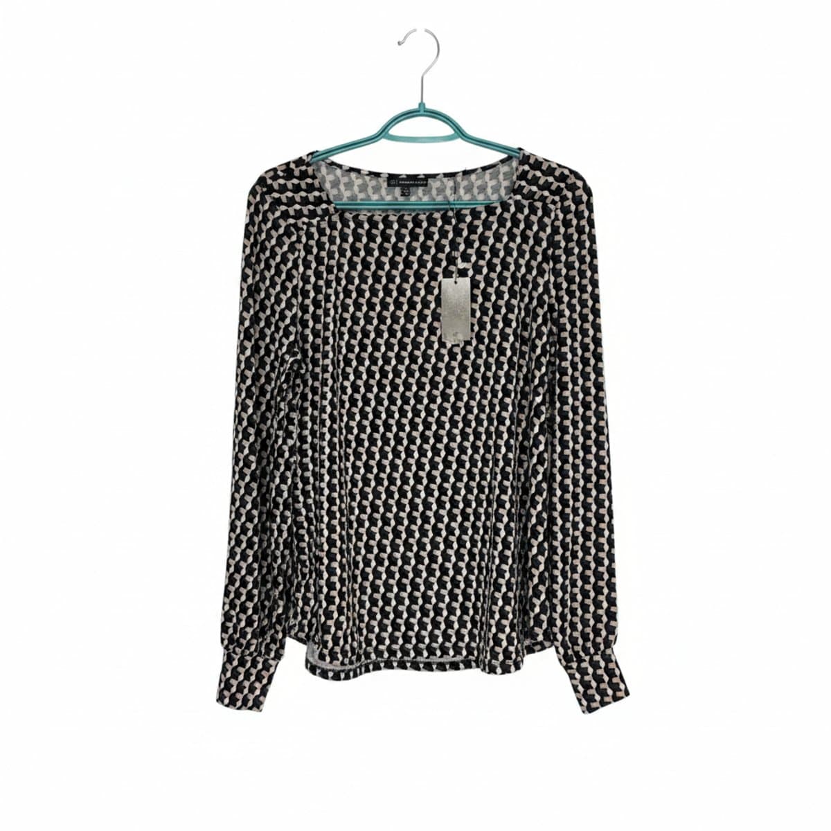 Adrianna Papell long sleeve blouse with black and white geometric cube print, size small, available at handpicked306 boutique in Carlyle SK.