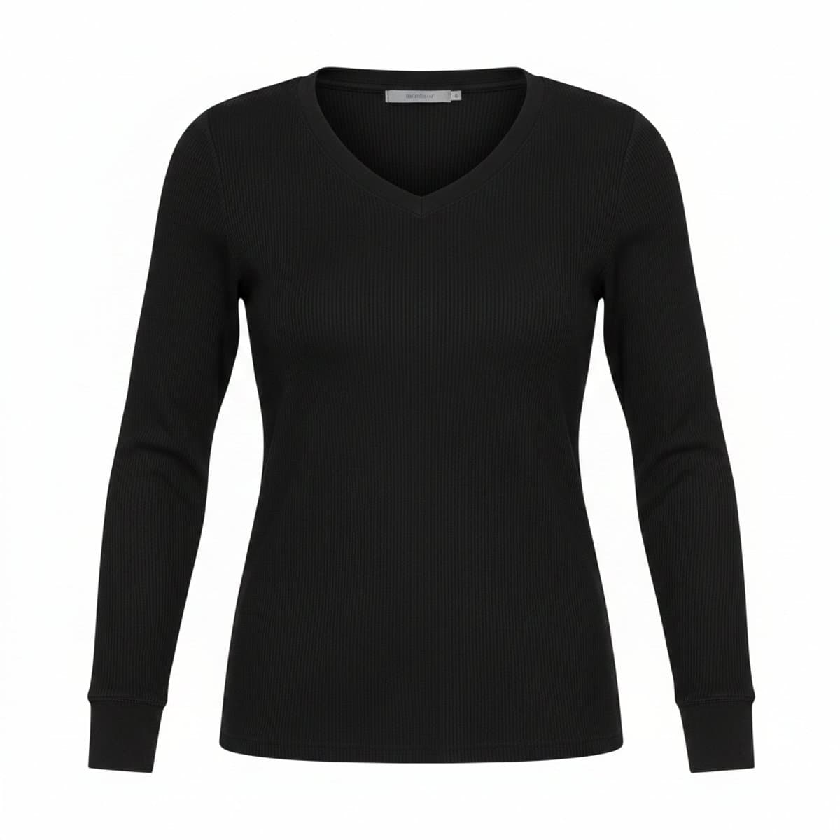Women's minimalist black ribbed v-neck long sleeve top, fitted silhouette, perfect for layering, available at handpicked306 boutique in Carlyle SK.
