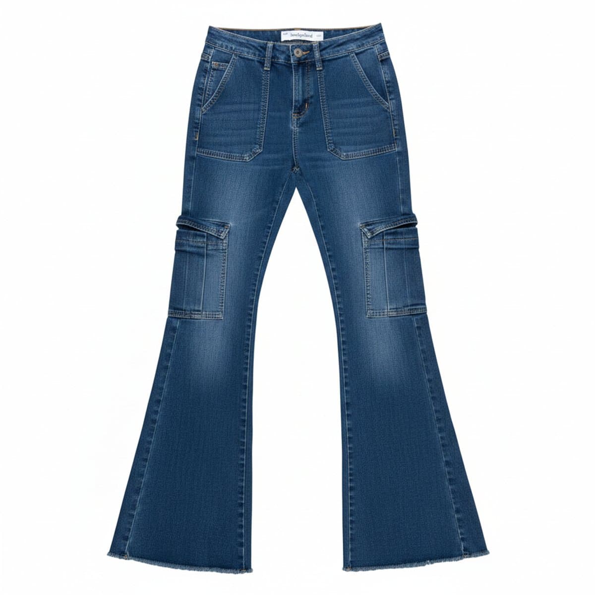 Womens Indigo Rein cargo flare jeans with raw hem and side pockets, medium wash denim, stylish Y2K inspired design available at handpicked306 boutique in Carlyle SK.