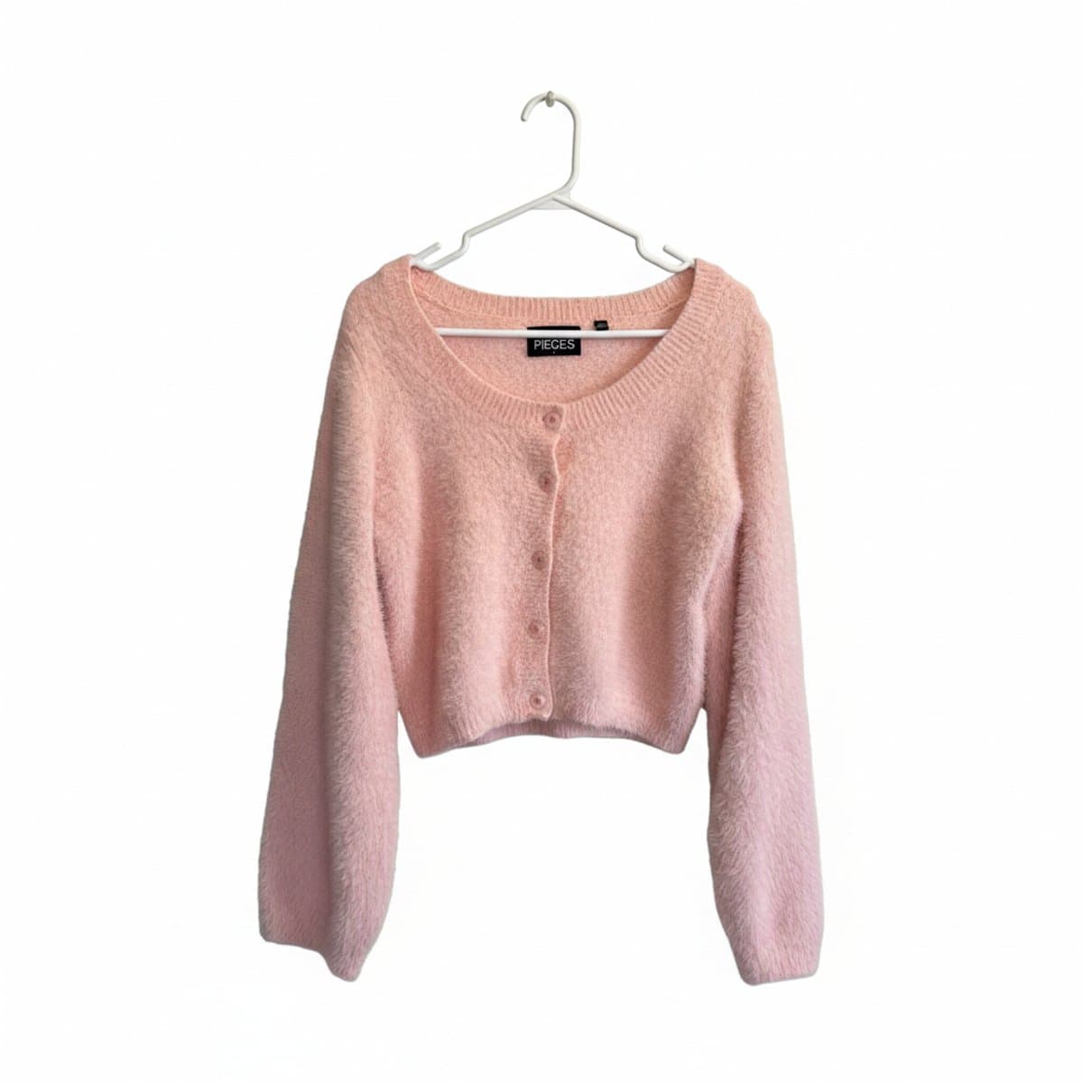PIECES Baby Pink Fuzzy Cropped Cardigan