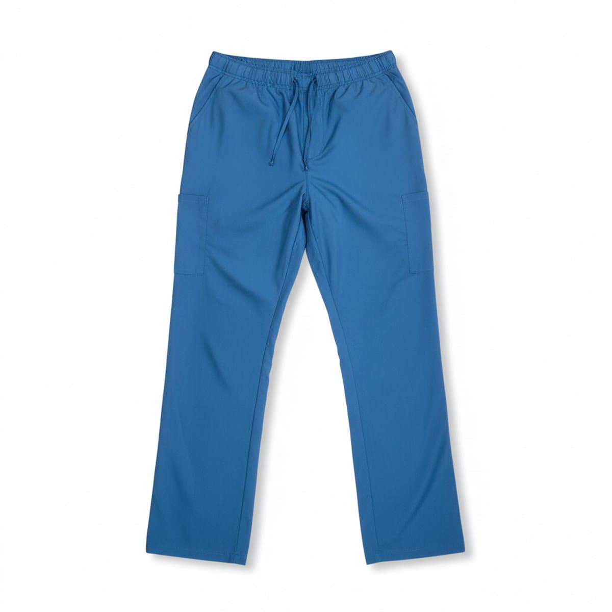 A pair of vibrant cobalt blue performance scrub pants with a drawstring waistband and side pockets, minimalist aesthetic, available at handpicked306 boutique in Carlyle SK.
