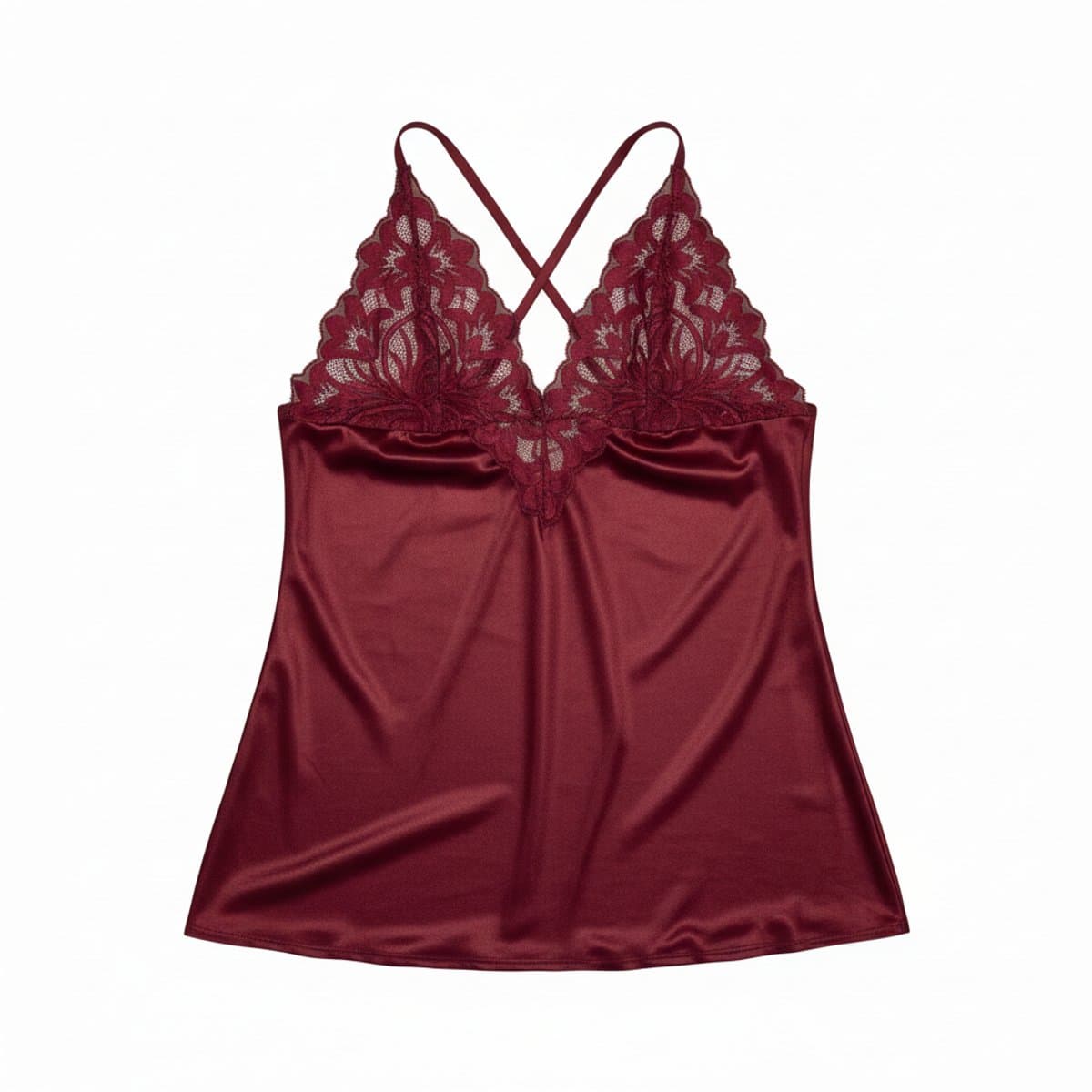 Deep merlot satin camisole with intricate floral lace neckline, elegant romantic style, available at handpicked306 boutique in Carlyle SK.