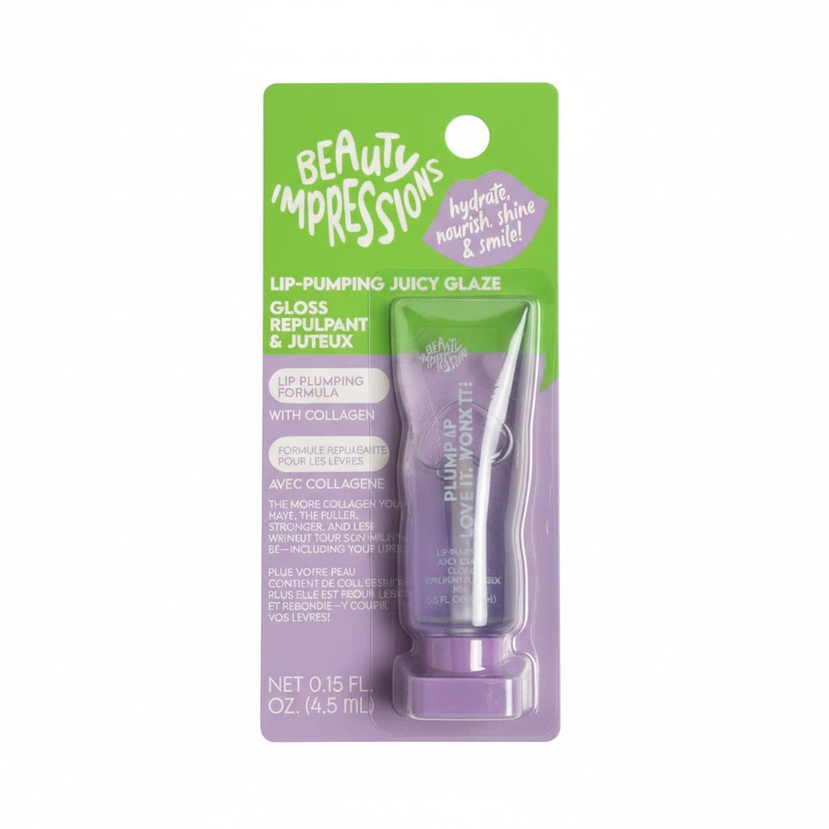 Brand new sealed Beauty Impressions lip-pumping juicy glaze with collagen, high-shine moisturizing lip gloss, available for purchase at handpicked306 boutique.