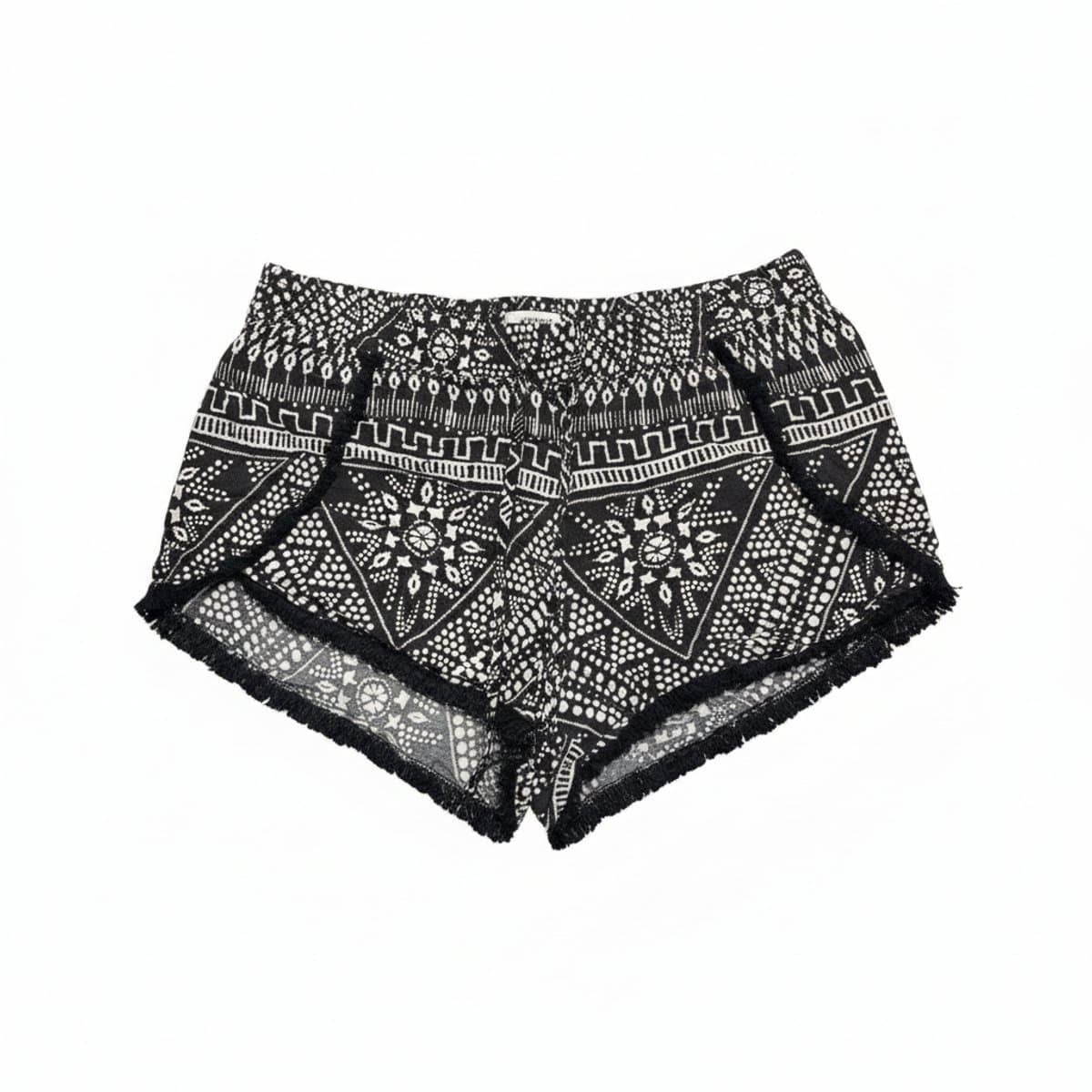 Women's Garage monochrome tribal print shorts with frayed hem, size small, black and white geometric pattern, available at handpicked306 boutique in Carlyle SK.