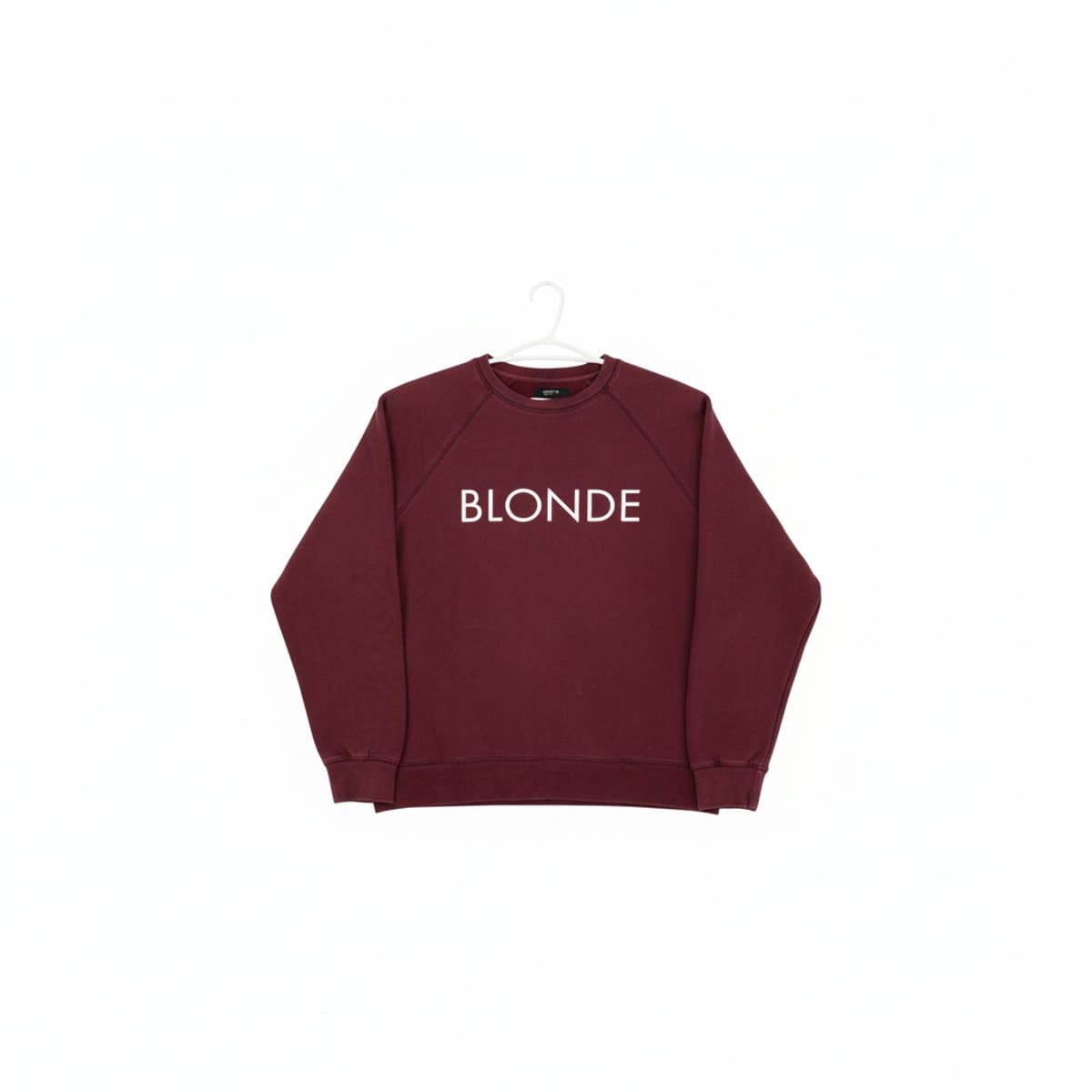 Women's Brunette The Label maroon crewneck sweatshirt with white BLONDE graphic lettering, size medium, gently used condition, available at handpicked306 boutique in Carlyle SK.