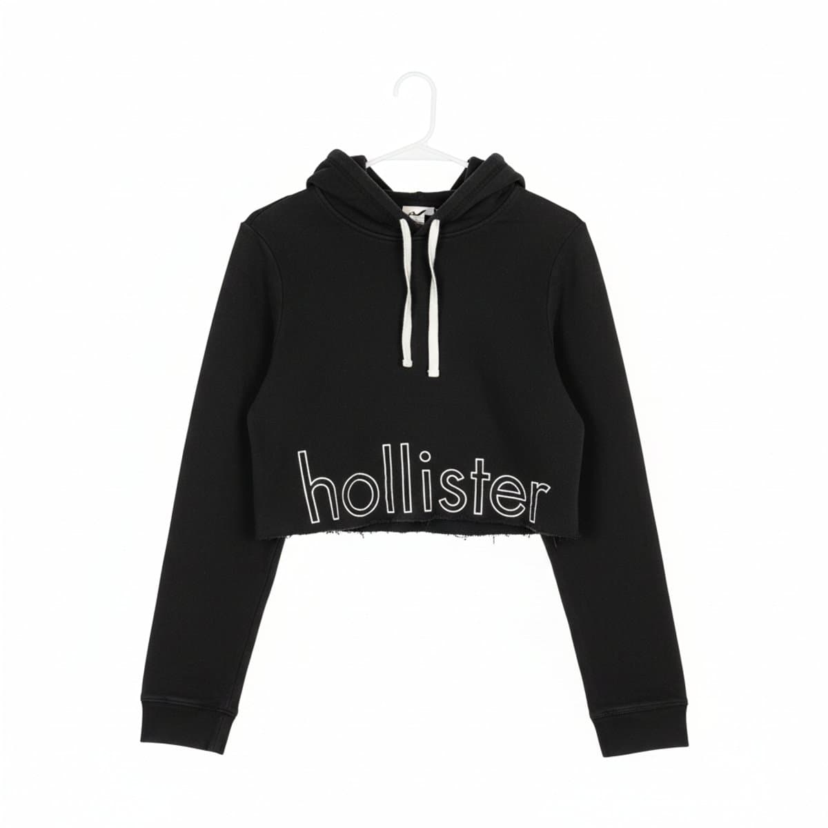 Hollister Black Raw-Hem Cropped Logo Hoodie