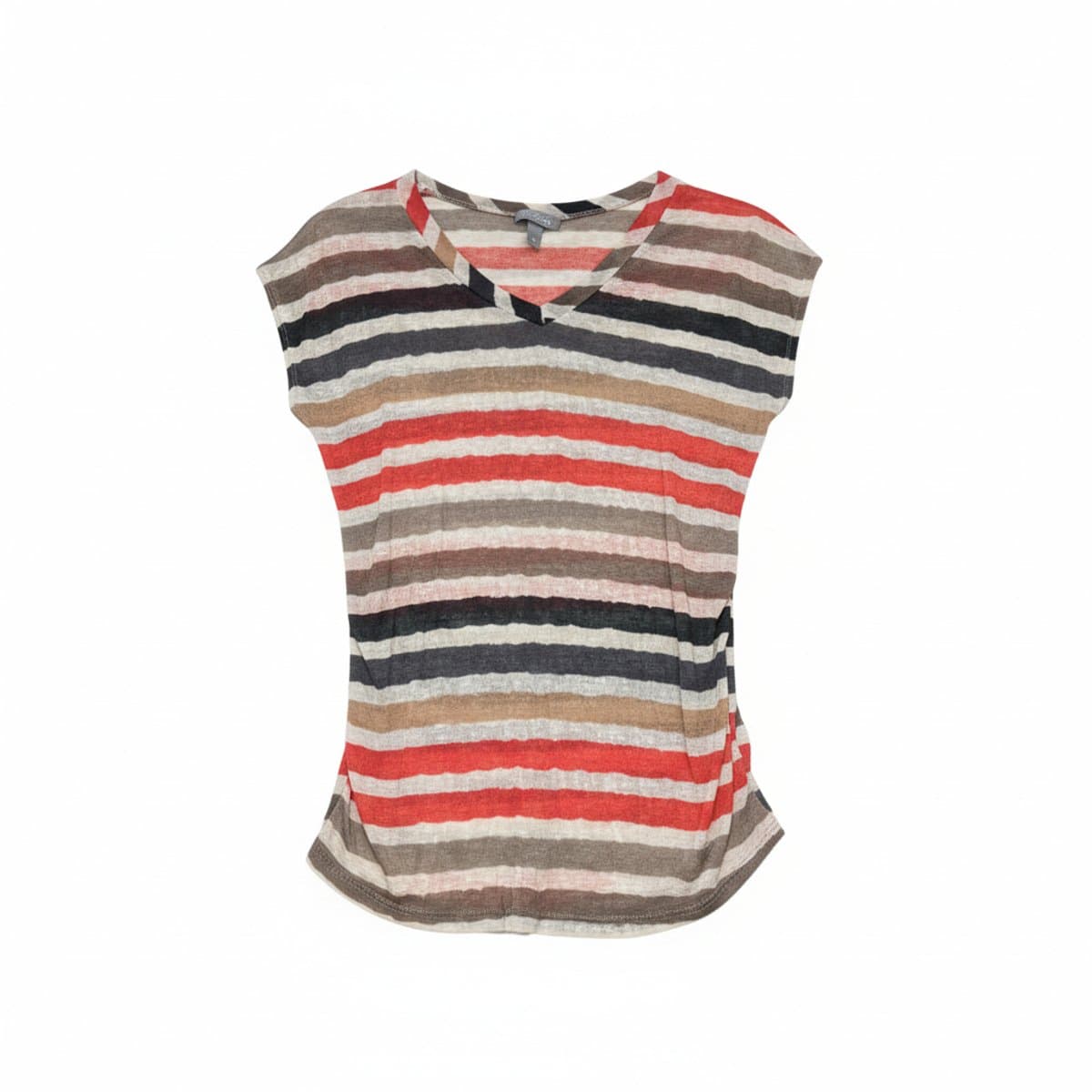 Womens Vanity striped V-neck t-shirt in earth tones, relaxed fit, available at handpicked306 boutique in Carlyle SK.
