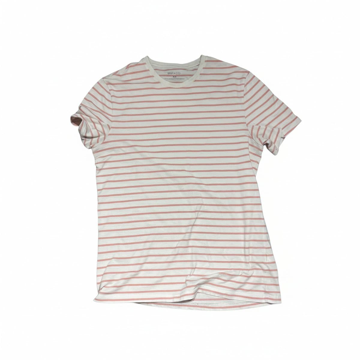 RW&CO. men's crew neck t-shirt with pink and white horizontal stripes, size medium, casual minimalist style, available at handpicked306 boutique.