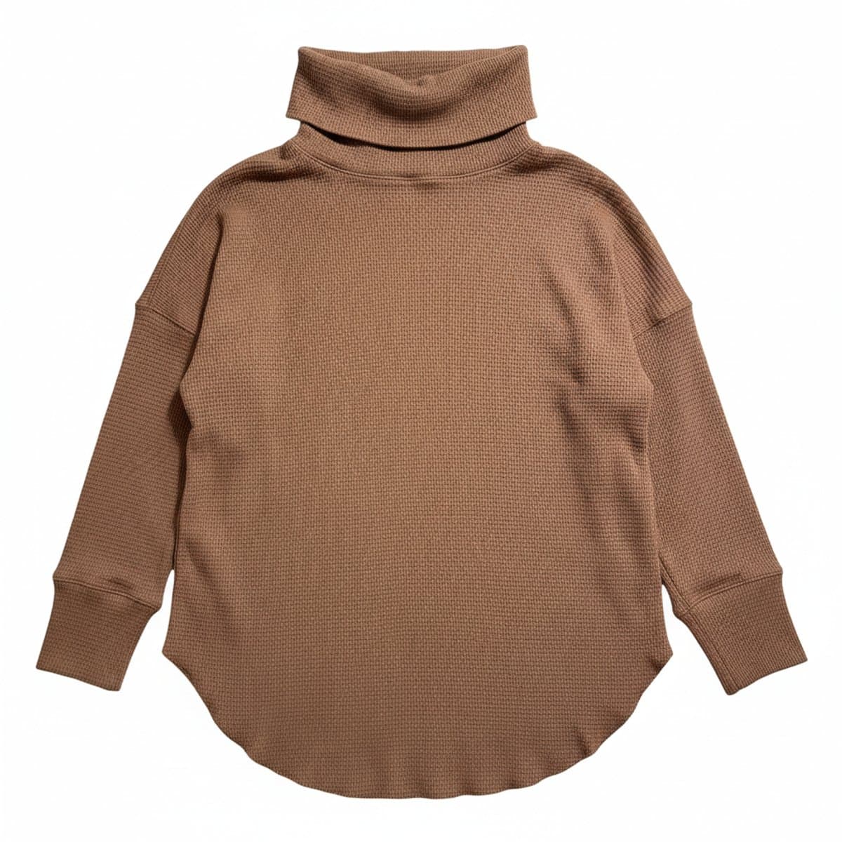 Womens mocha brown waffle knit turtleneck with a curved hem, relaxed fit, cozy minimalist aesthetic, available at handpicked306 boutique in Carlyle SK.