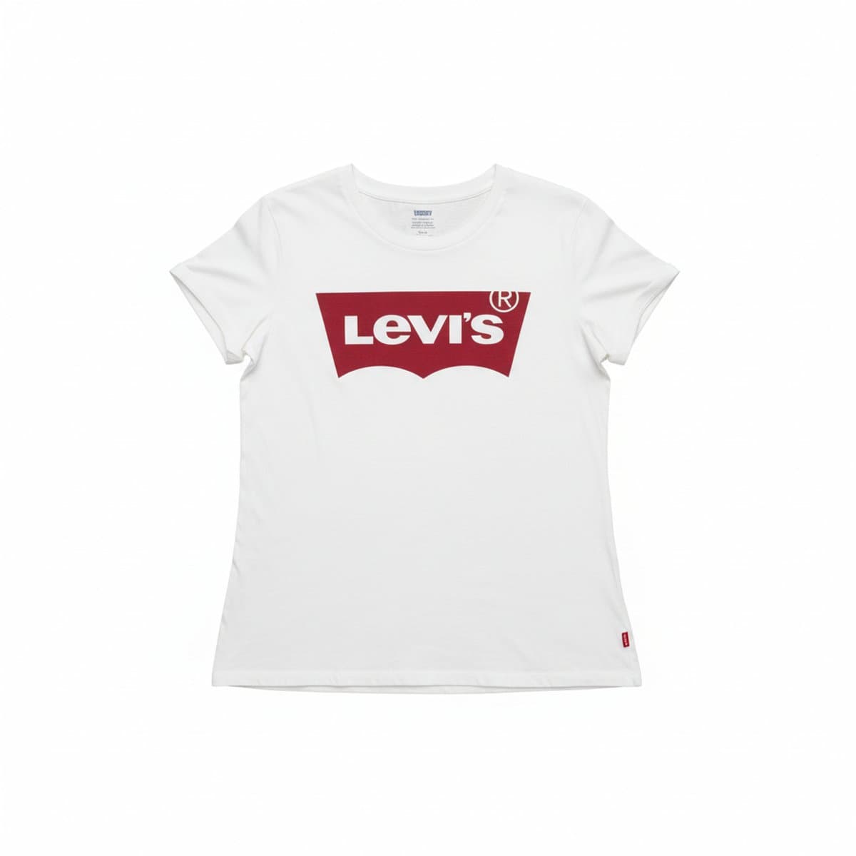 Womens classic white Levi's graphic t-shirt with red logo, short sleeves, crew neck, available at handpicked306 boutique.