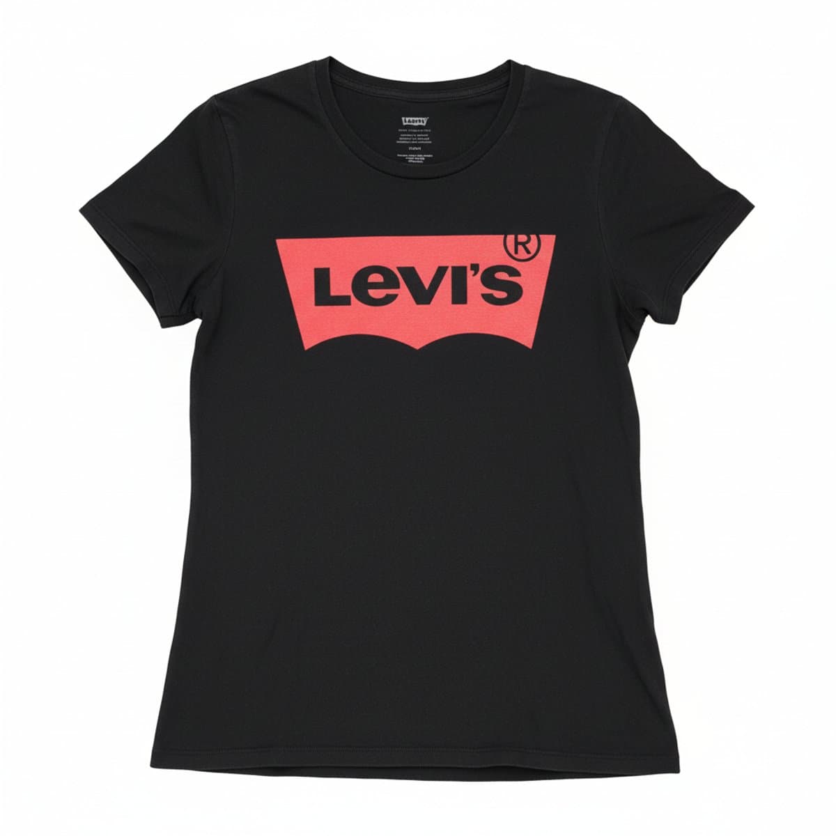 Women's Levi's black short-sleeve t-shirt with red batwing graphic logo, size Small, gently used condition, available at handpicked306 boutique in Carlyle SK.