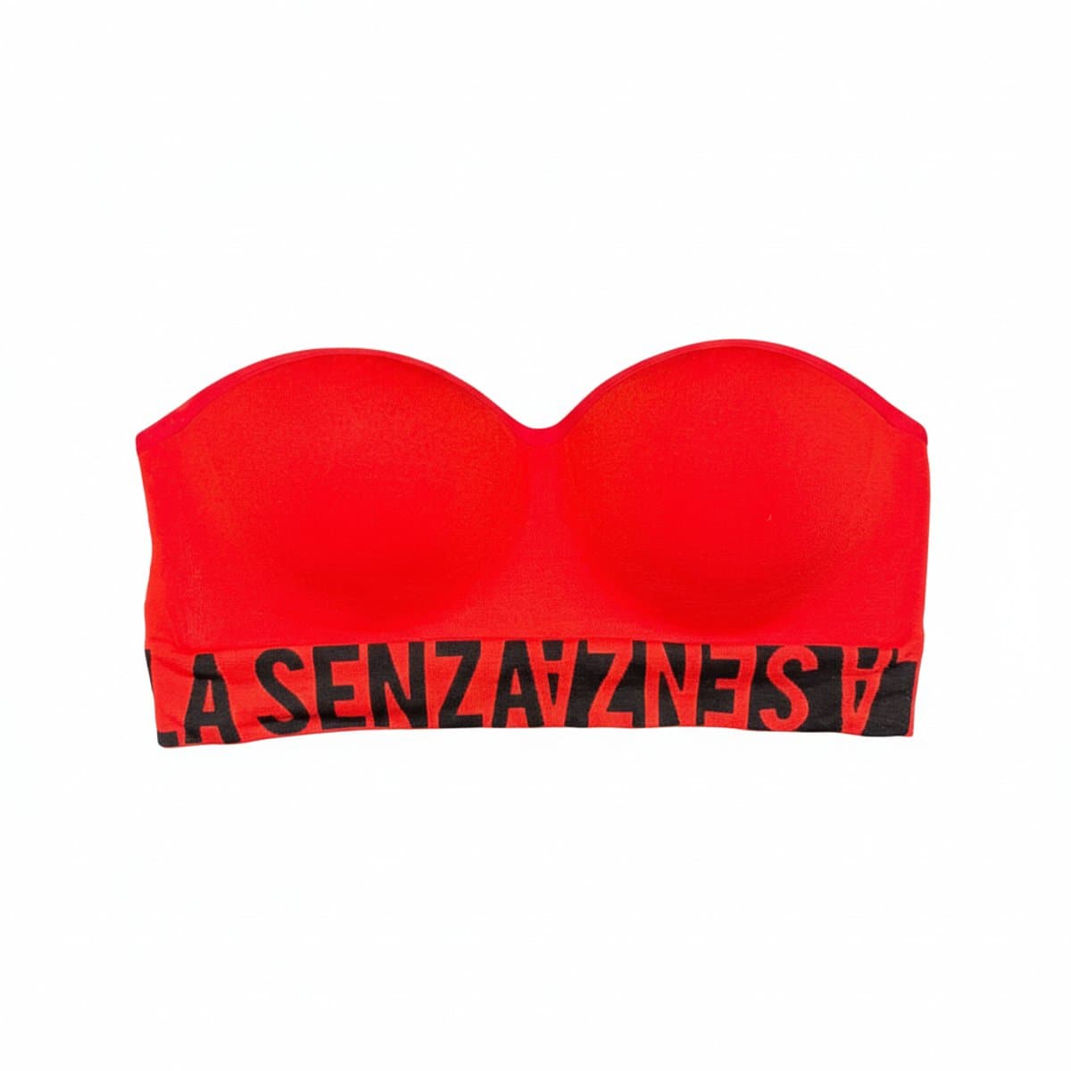 Women's La Senza bright red strapless bandeau top with black logo lettering, minimalist streetwear style, available at handpicked306 boutique.