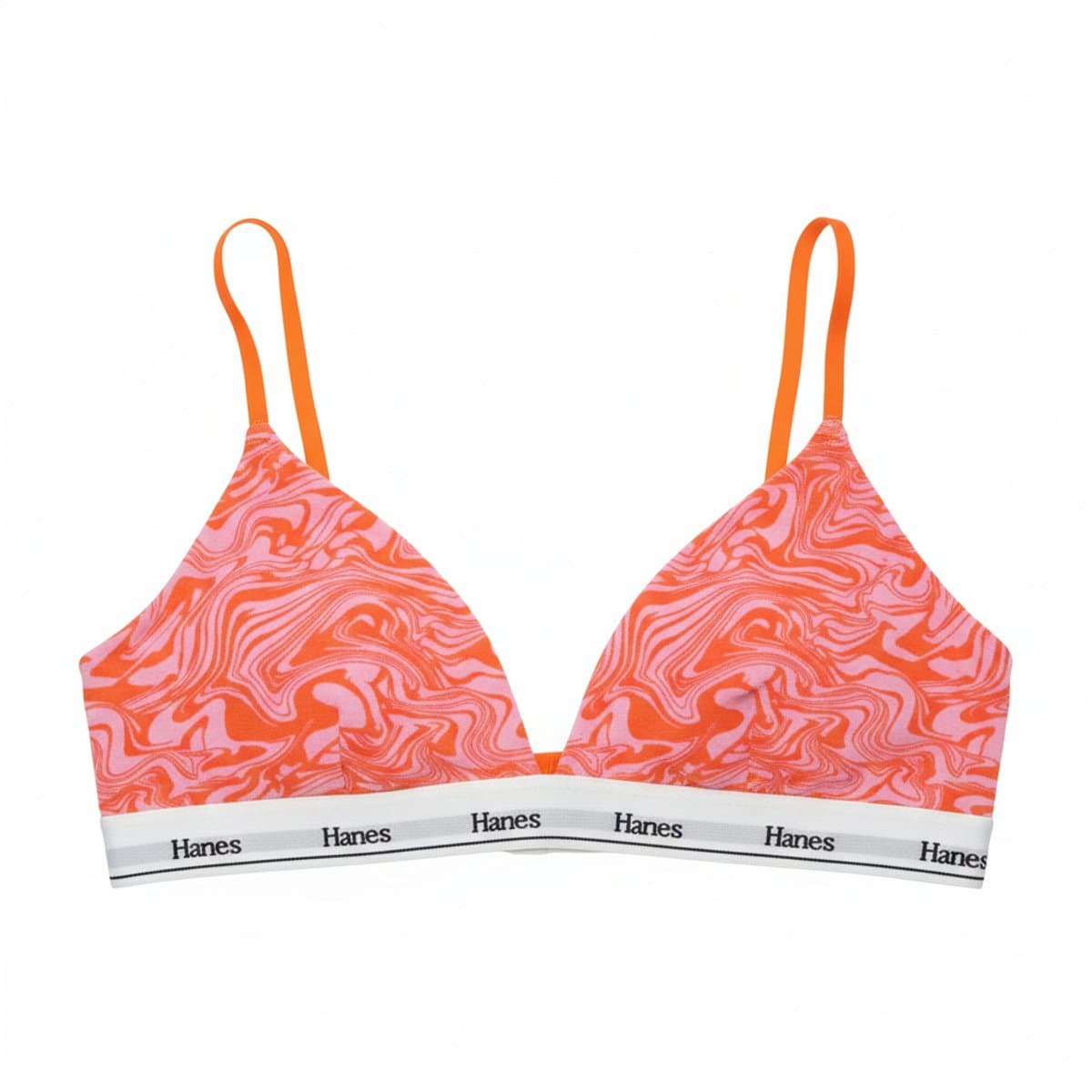 Hanes bralette in a vibrant pink and orange psychedelic swirl print with logo elastic band, available at handpicked306 boutique.
