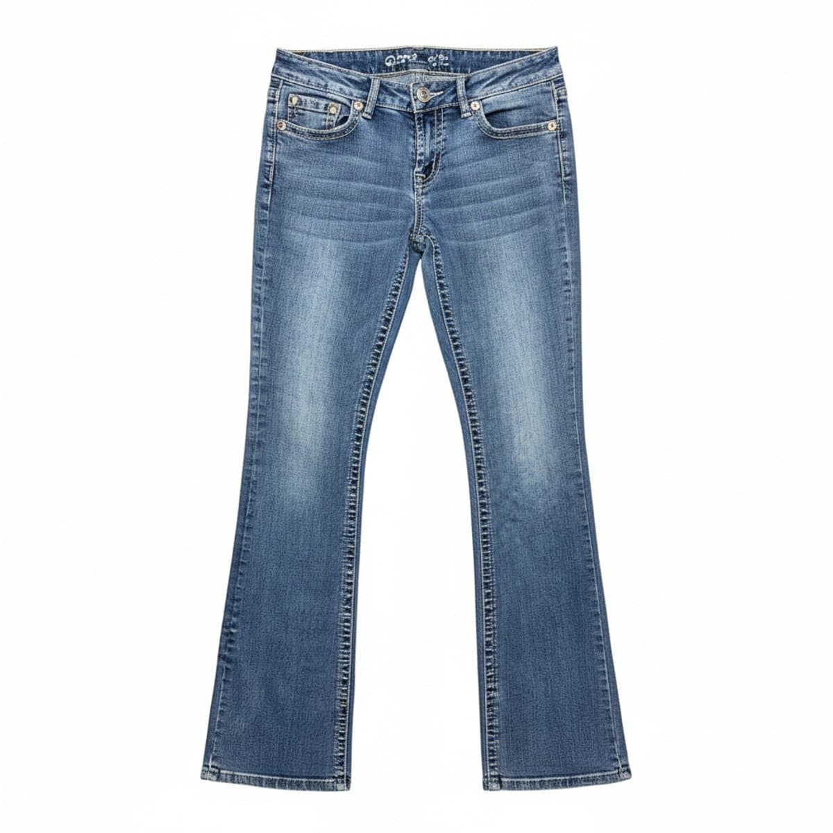 Vintage Rock Revival women's mid-rise bootcut denim jeans in medium blue wash with contrast stitching, available at handpicked306 boutique.