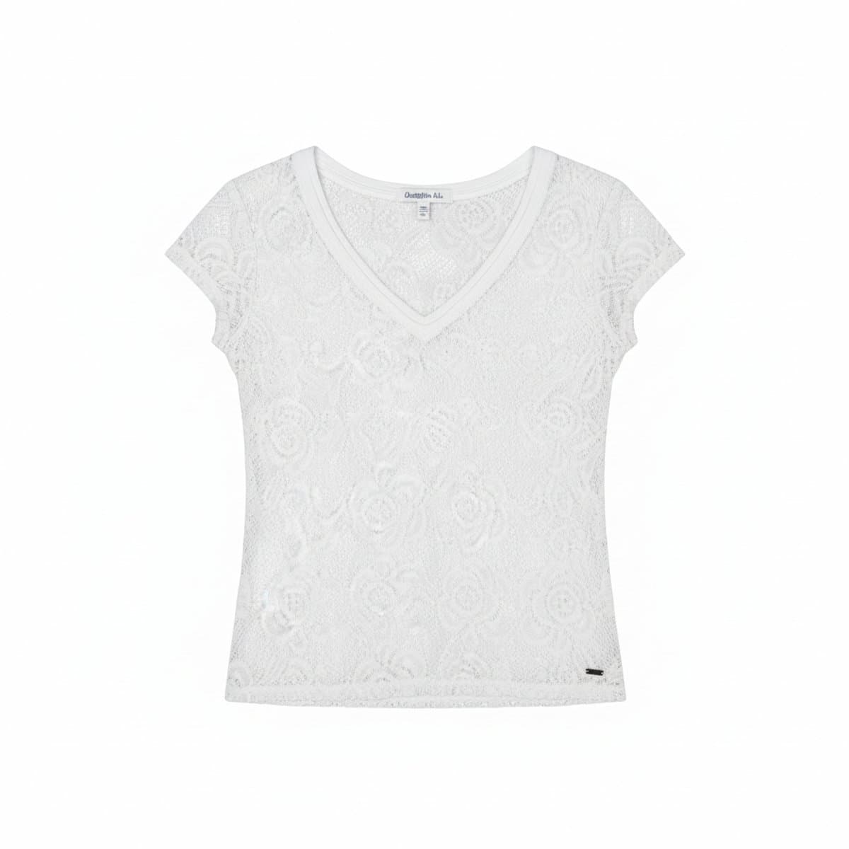 Women's white floral lace V-neck cap sleeve top by Cherry Tale, delicate crochet-style lace, fairycore aesthetic, available at handpicked306 boutique.