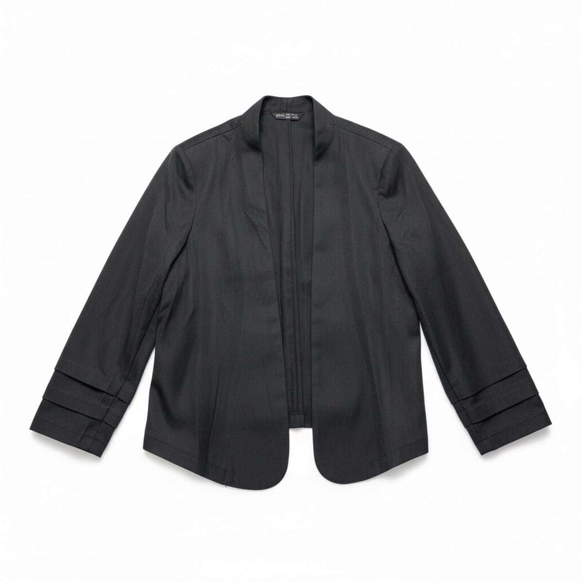 Womens minimalist black open-front blazer jacket with tiered sleeve detail, available at handpicked306 boutique in Carlyle SK.