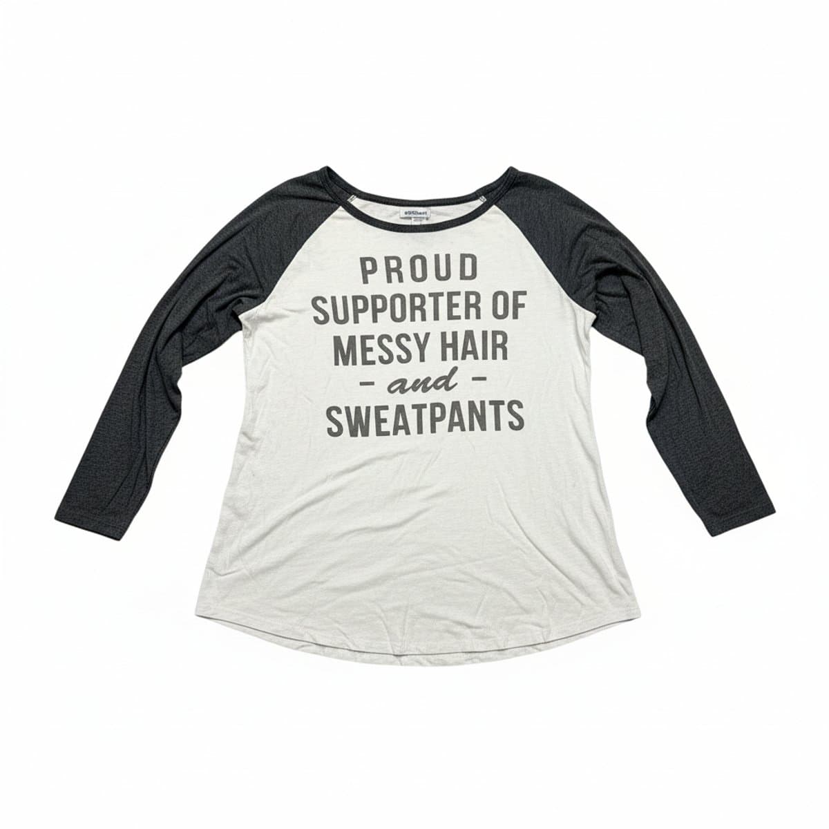 Women's graphic baseball-style raglan t-shirt with 'Proud Supporter of Messy Hair and Sweatpants' text, charcoal sleeves, available at handpicked306 boutique in Carlyle SK.