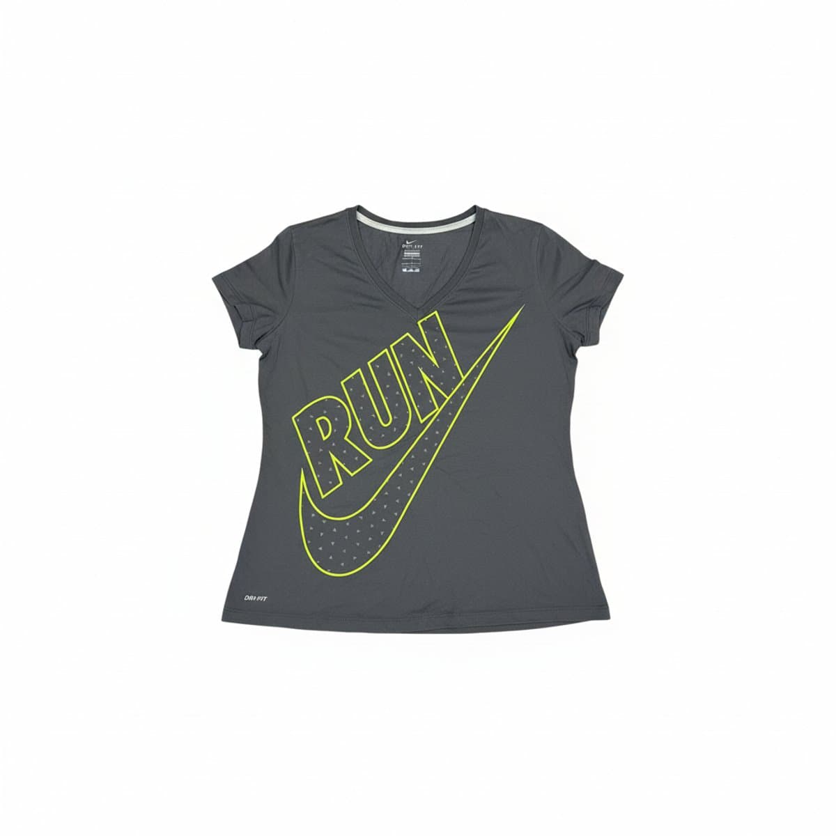 Womens Nike Dri-FIT grey v-neck t-shirt with neon yellow RUN graphic and swoosh logo, size XL, available at handpicked306 boutique in Carlyle SK.