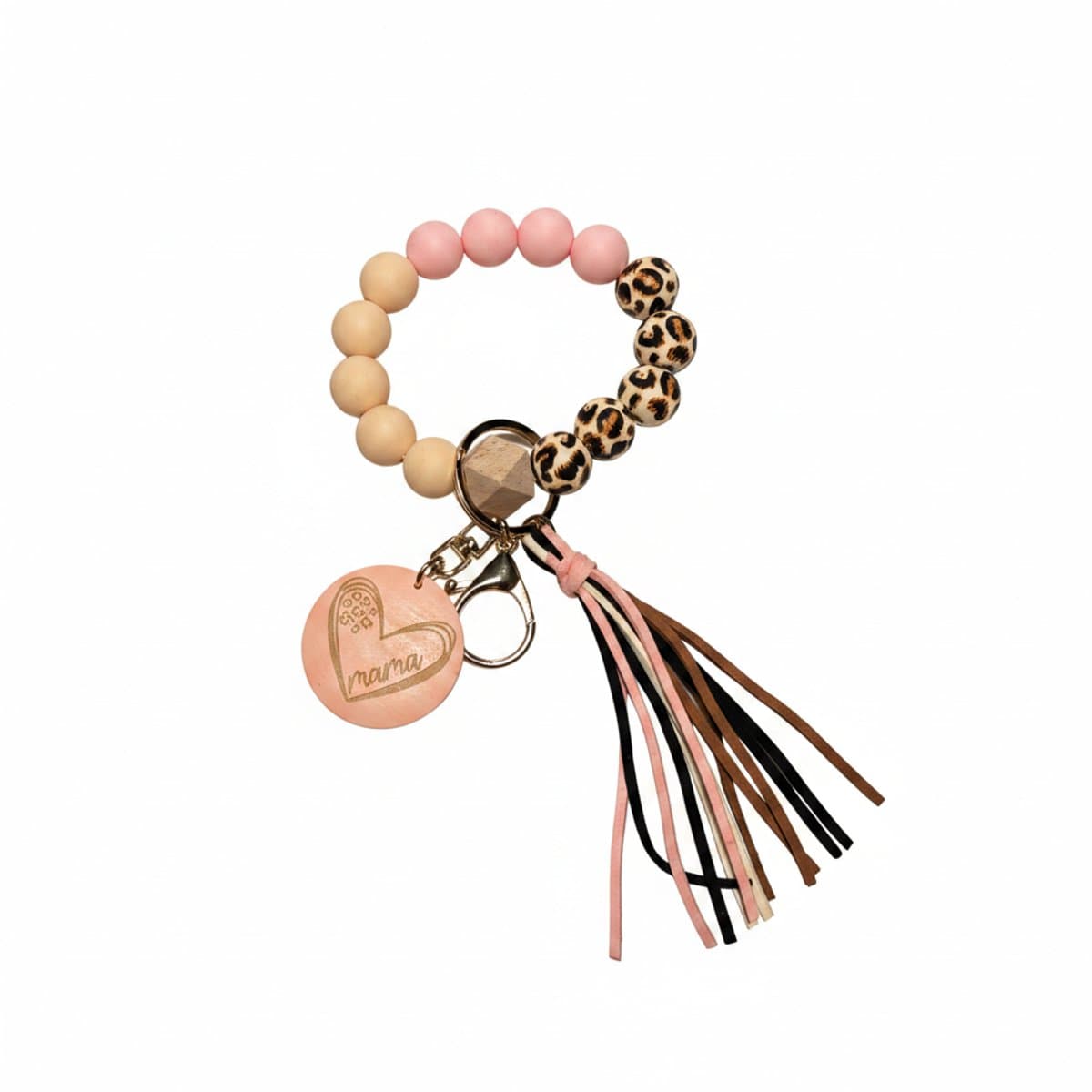 Stylish 'Mama' beaded silicone wristlet keychain with leopard print accents and a suede tassel, curated for women, available at handpicked306 boutique.