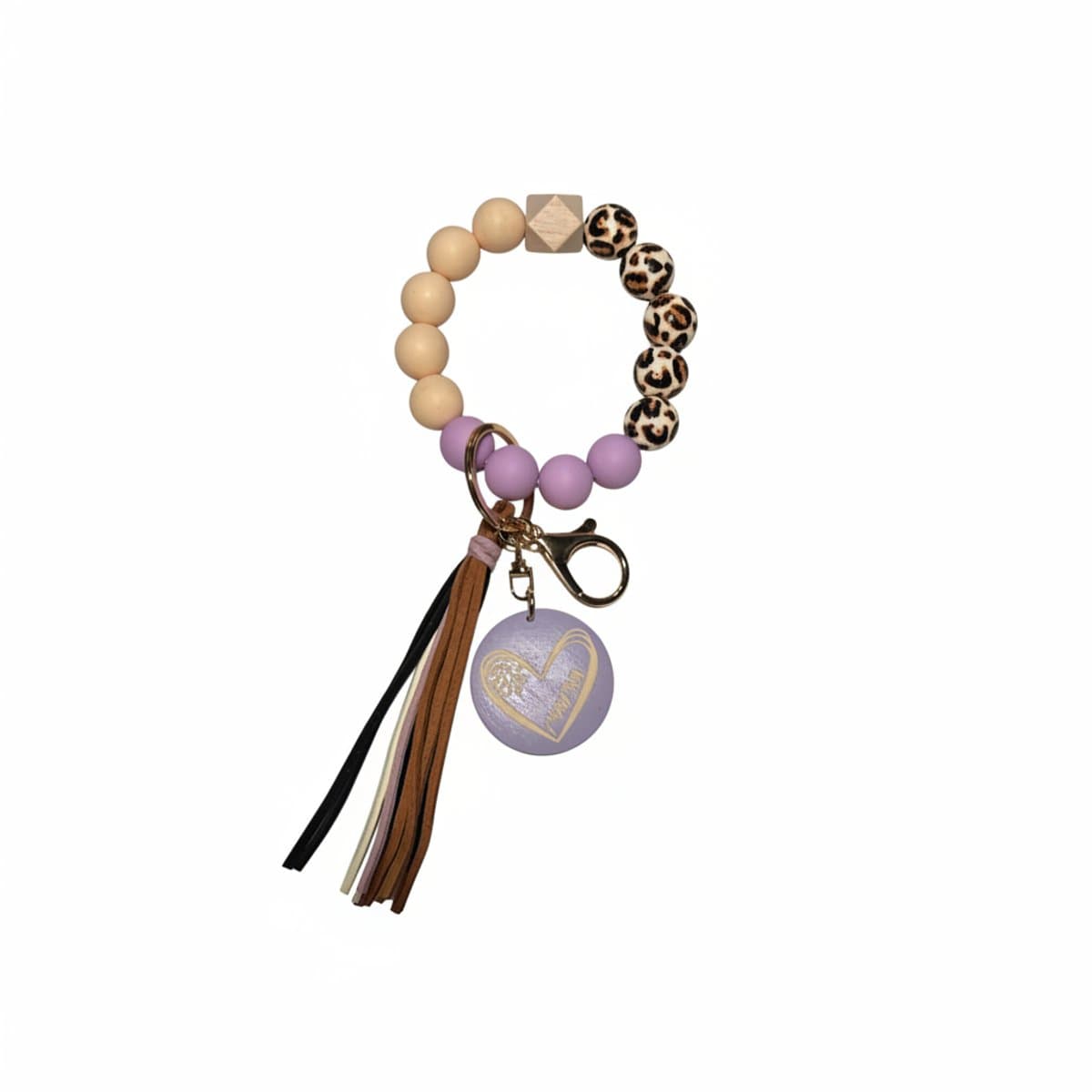 Victoria's Secret PINK beaded wristlet key ring featuring lilac and leopard print silicone beads with a heart charm and leather tassel, available at handpicked306 boutique.
