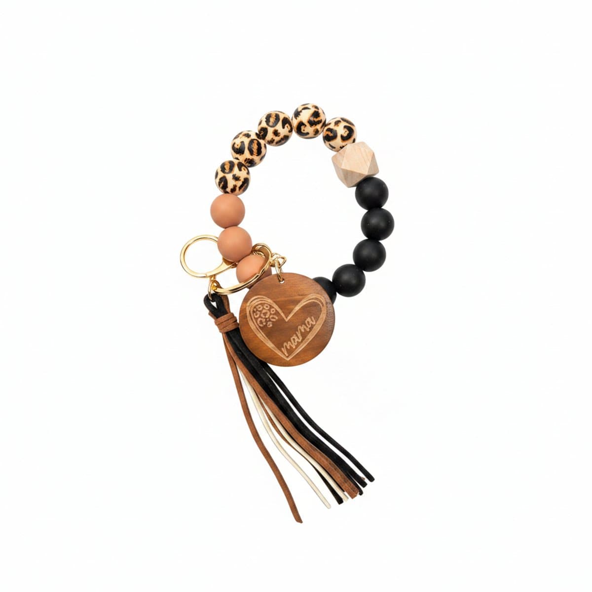 Stylish 'Mama' leopard print and silicone bead wristlet keychain with leather tassel, available at handpicked306 boutique in Carlyle SK.