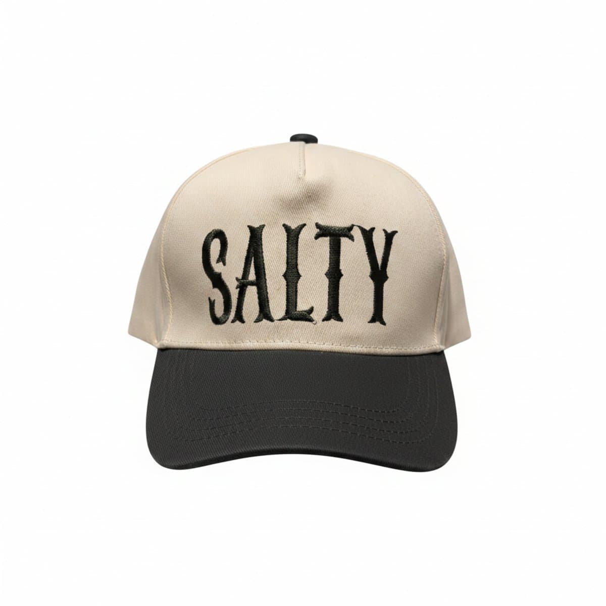 Unisex two-tone cream and charcoal snapback cap with 'SALTY' embroidery, casual streetwear accessory available at handpicked306 boutique in Carlyle SK.