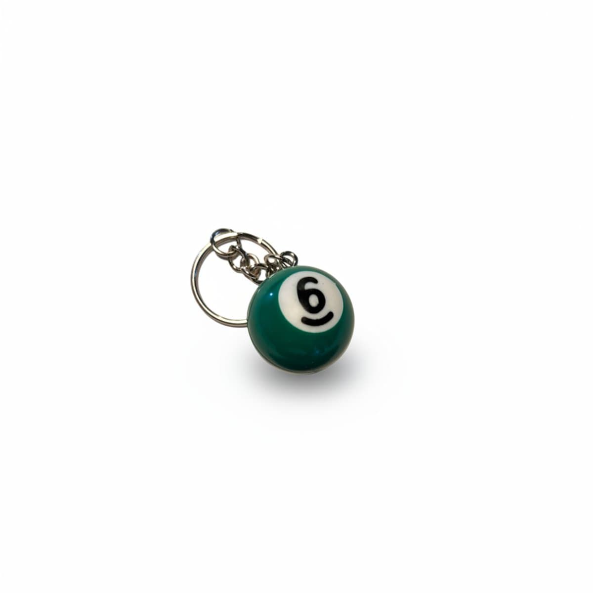 Vintage green number 6 billiard ball keychain with silver hardware, retro novelty accessory available at handpicked306 boutique.