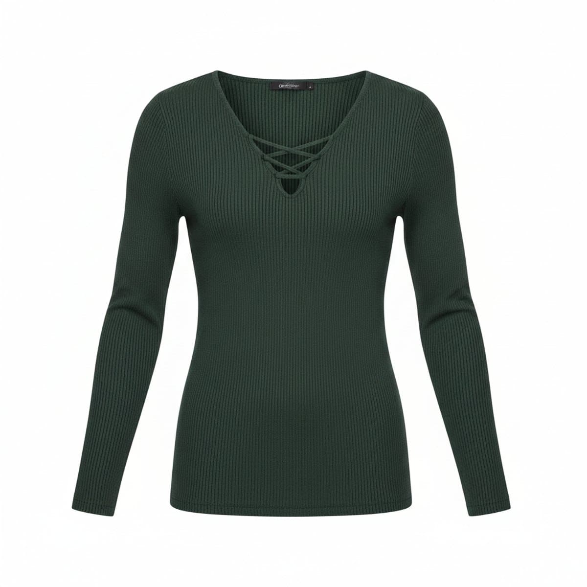 Forest Green Ribbed Lace-Up Long Sleeve Knit Top