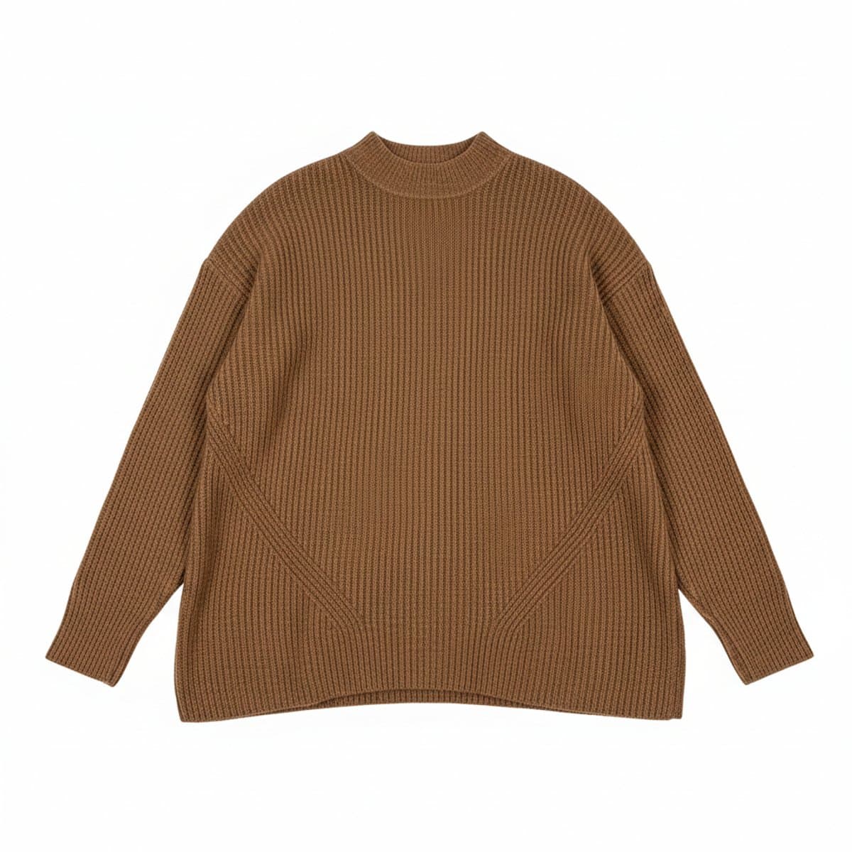 A cozy, rich brown rib-knit mock neck sweater, soft texture, minimalist design, available at handpicked306 boutique.