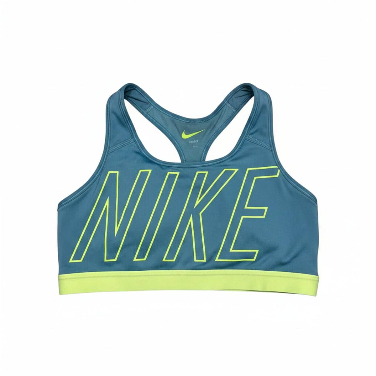 Women's Nike racerback sports bra in slate blue with neon yellow branding and trim, athletic performance style, available at handpicked306 boutique.
