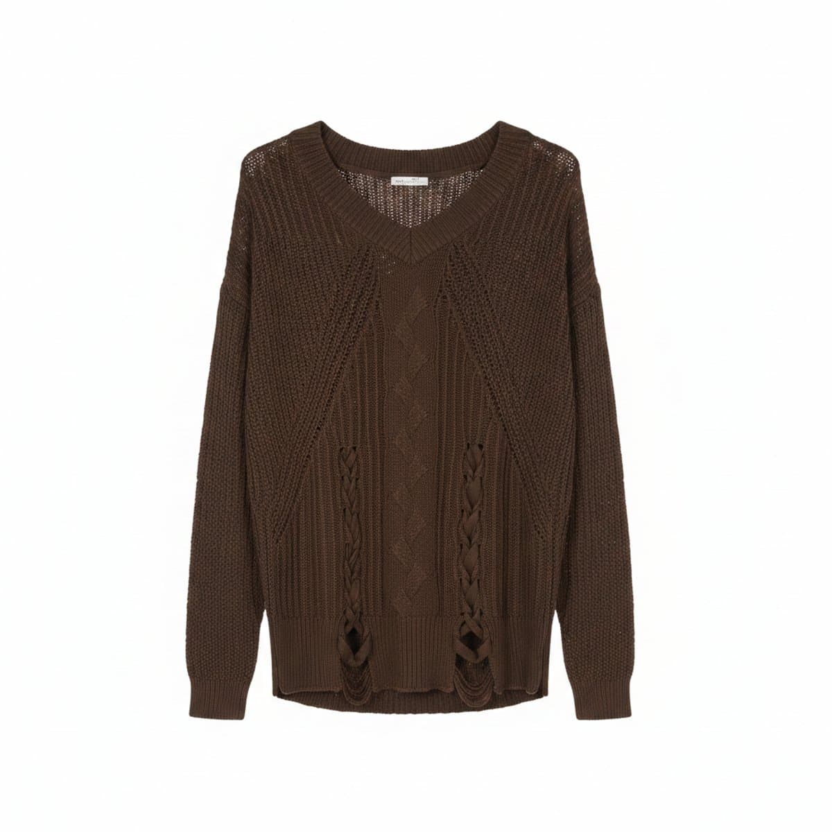 Dex Espresso Brown Chunky Cable Knit Sweater with Lace-Up Detail