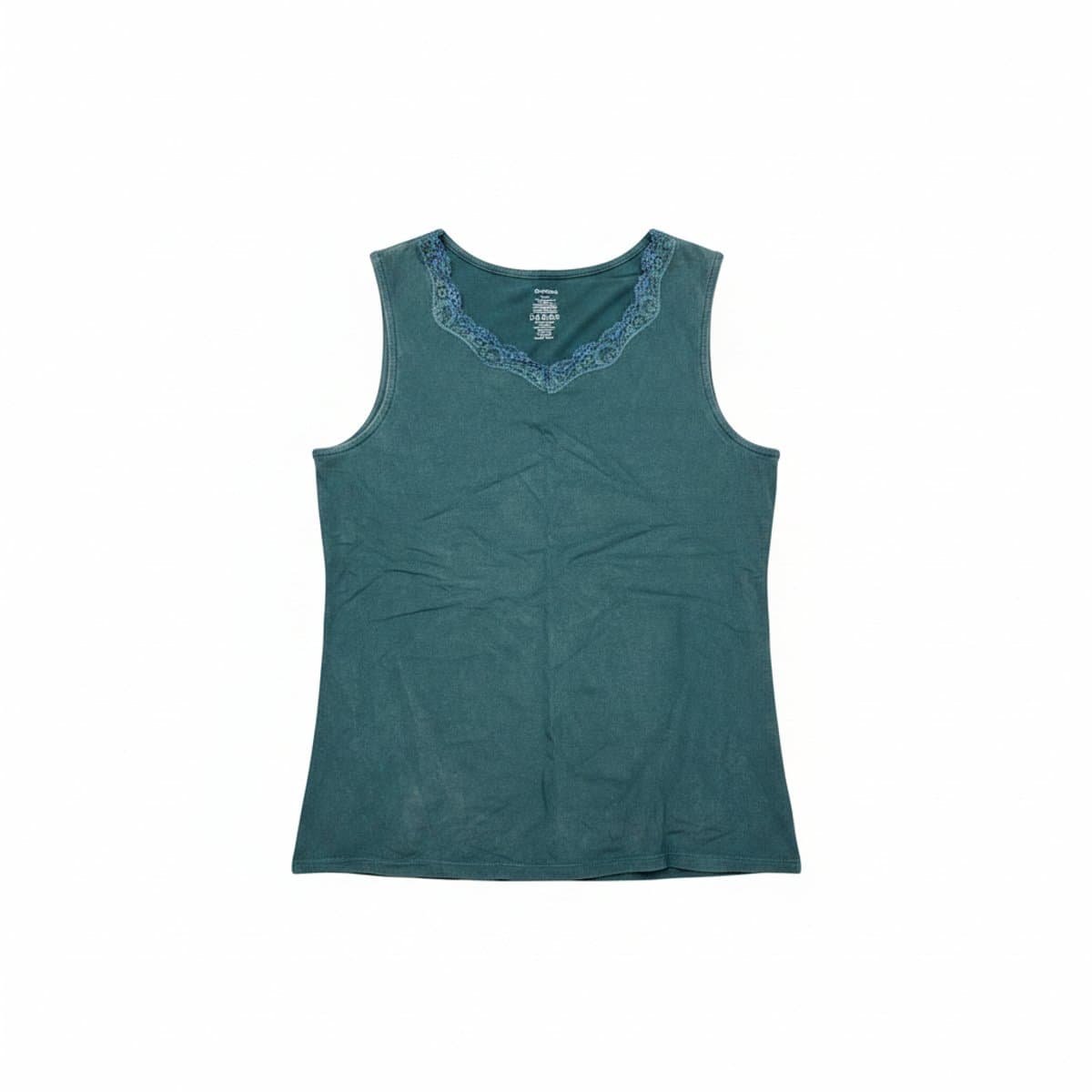 Vintage-Wash Teal Tank with Delicate Lace Trim