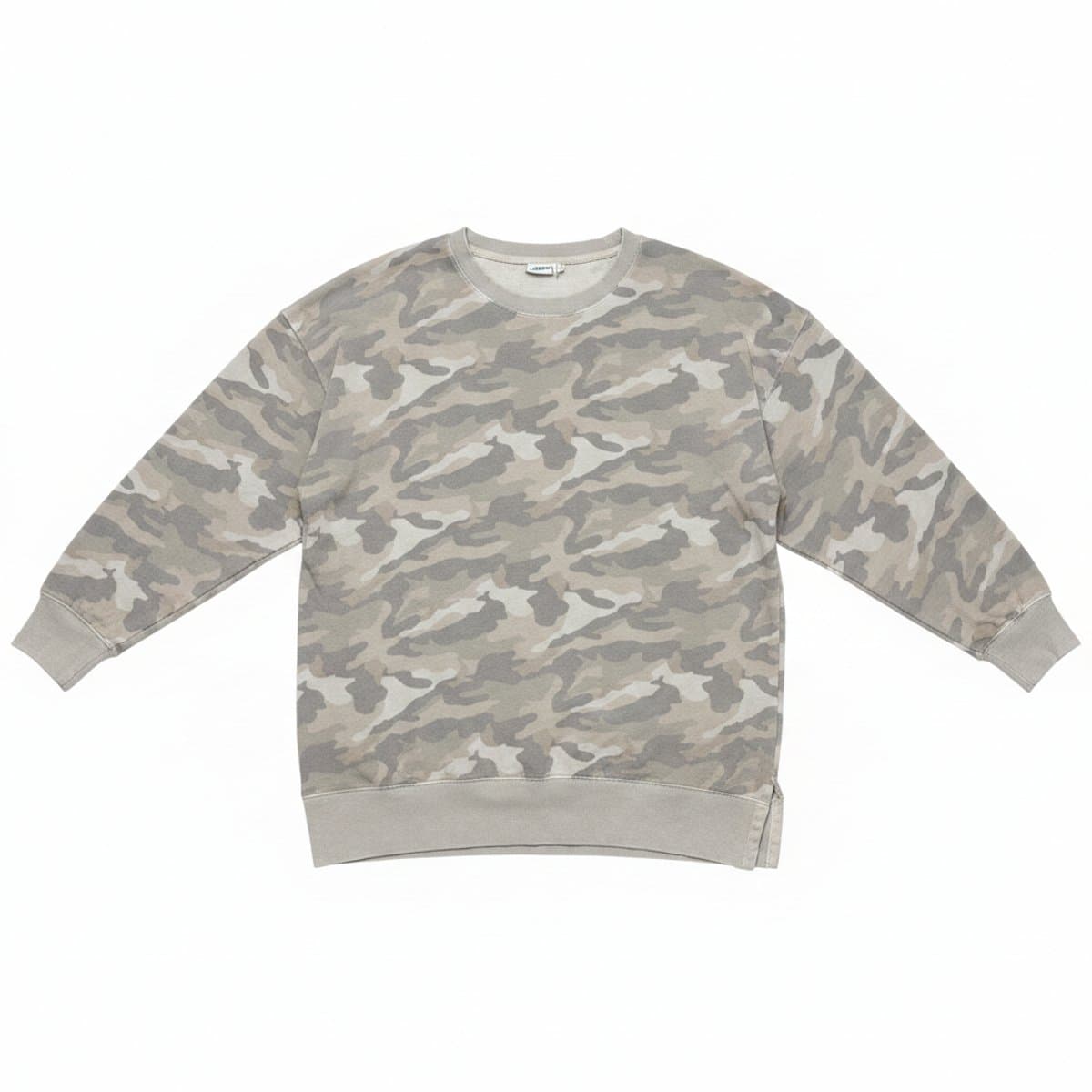 Old Navy women's neutral grey and taupe camo print crewneck sweatshirt, relaxed fit, soft cotton-blend material, available at handpicked306 boutique.