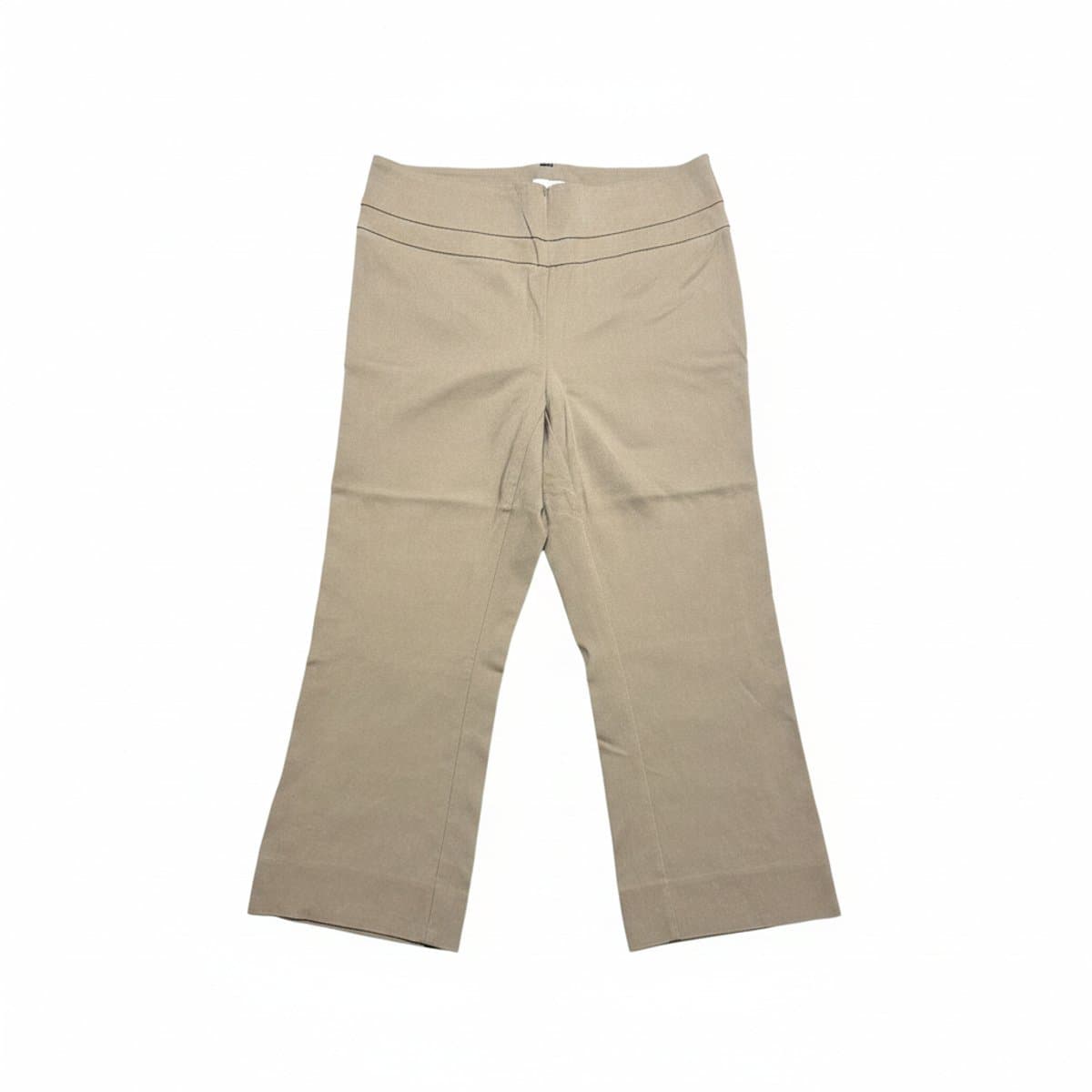 A pair of women's high-waisted neutral taupe stretch trousers with a clean minimalist design, available at handpicked306 boutique in Carlyle SK.