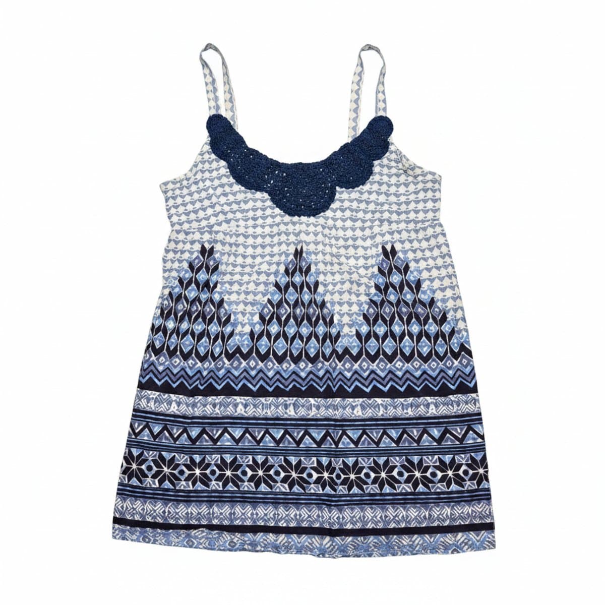 Bohemian Blue Geo-Print Crochet Trim Tank